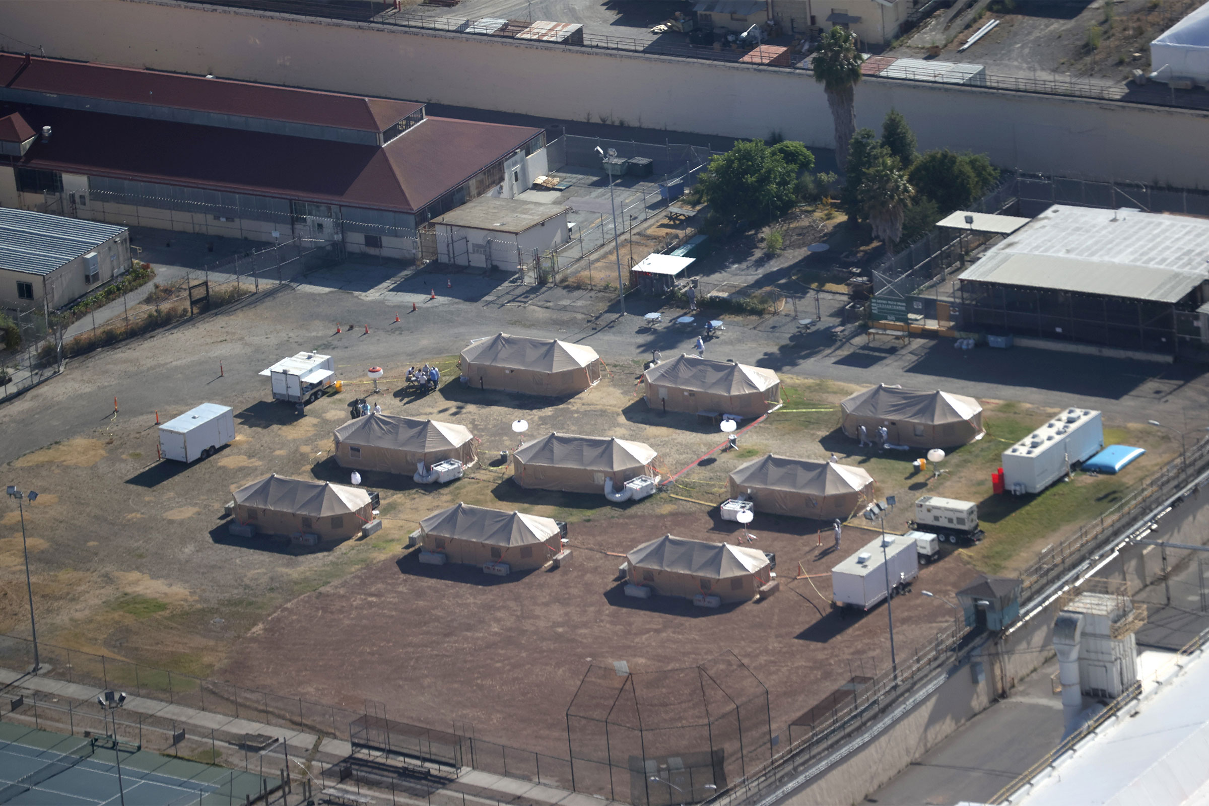A view of an emergency care facility that was erected over the summer to treat inmates infected with COVID-19 at San Quentin State Prison in San Quentin, Ca.