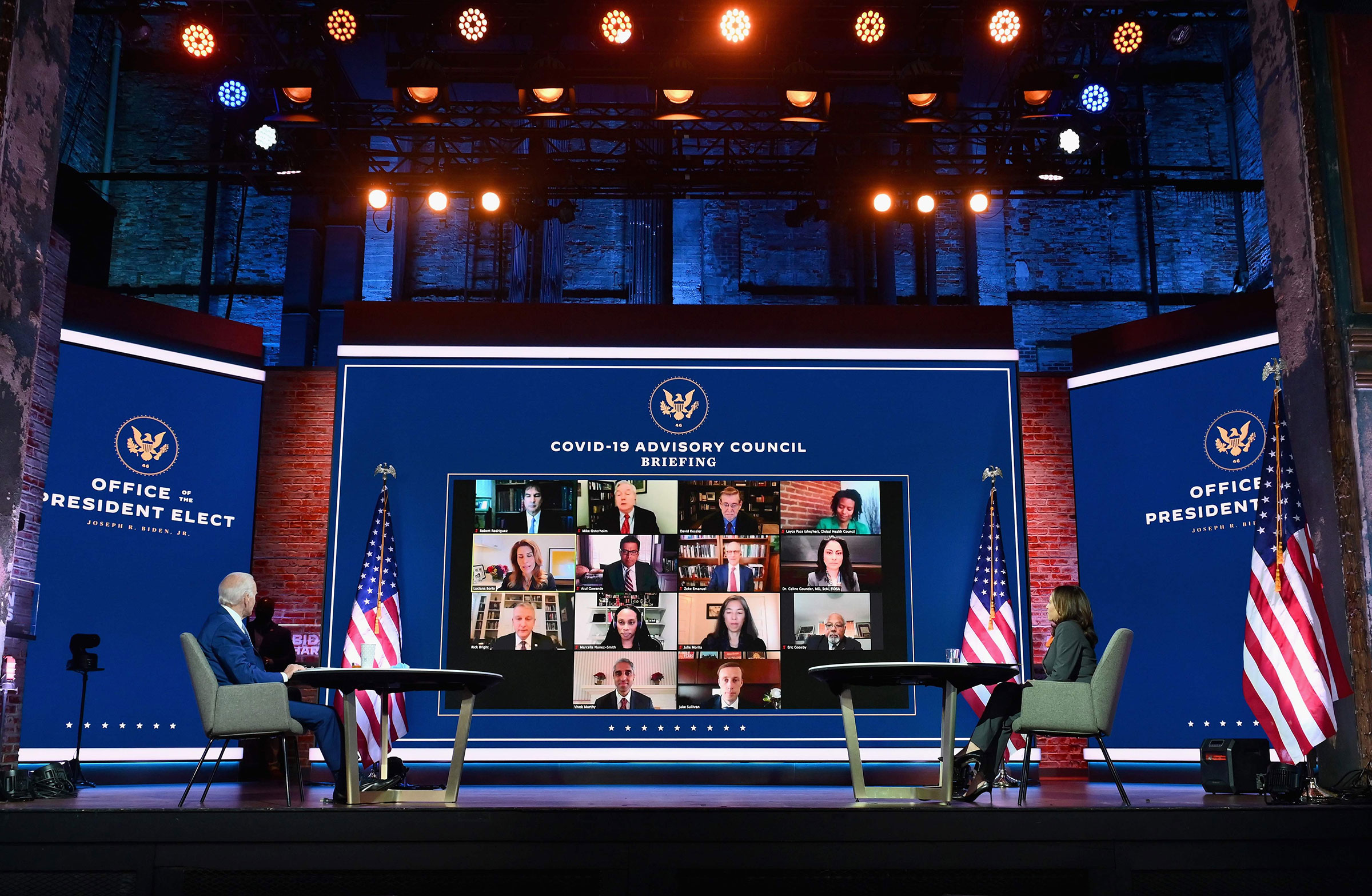 President-elect Joe Biden and Vice President-elect Kamala Harris speak virtually with the Covid-19 Advisory Council during a briefing at The Queen theatre on Nov. 9, 2020 in Wilmington, Del. (Angela Weiss—AFP/Getty Images)