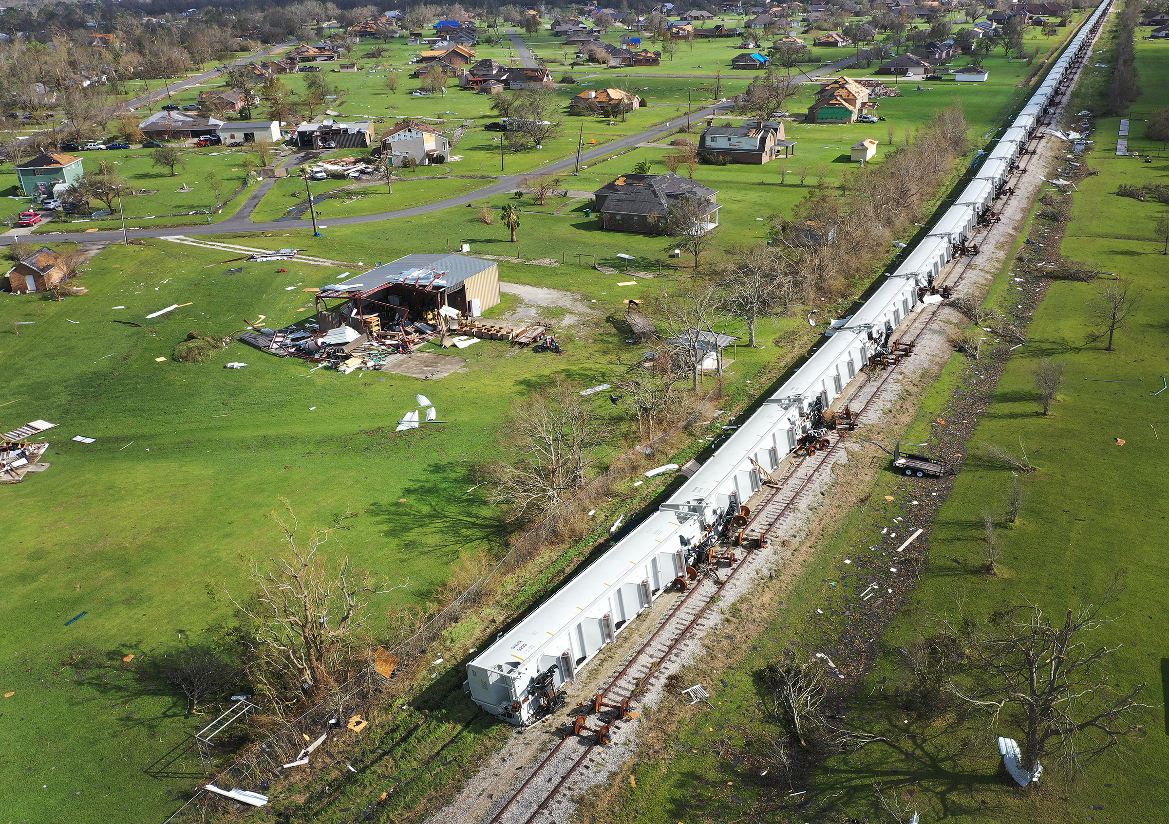 An aerial view from a drone shows railcars that derailed as Hurricane Laura passed through the area in Lake Charles, La., on Aug. 29, 2020.
