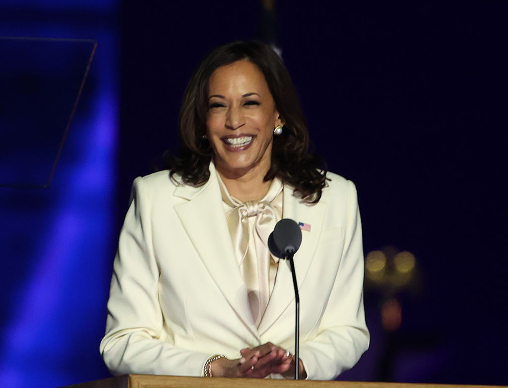 Vice President-elect Kamala Harris takes the stage before President-elect Biden addresses the nation from the Chase Center on November 7, 2020 in Wilmington, Delaware.
