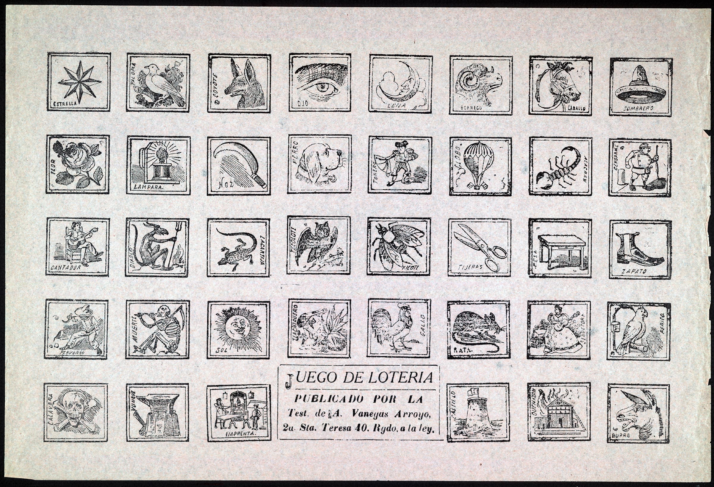 Lotería game by José Guadalupe Posada, published in Mexico City between 1909 and 1920.