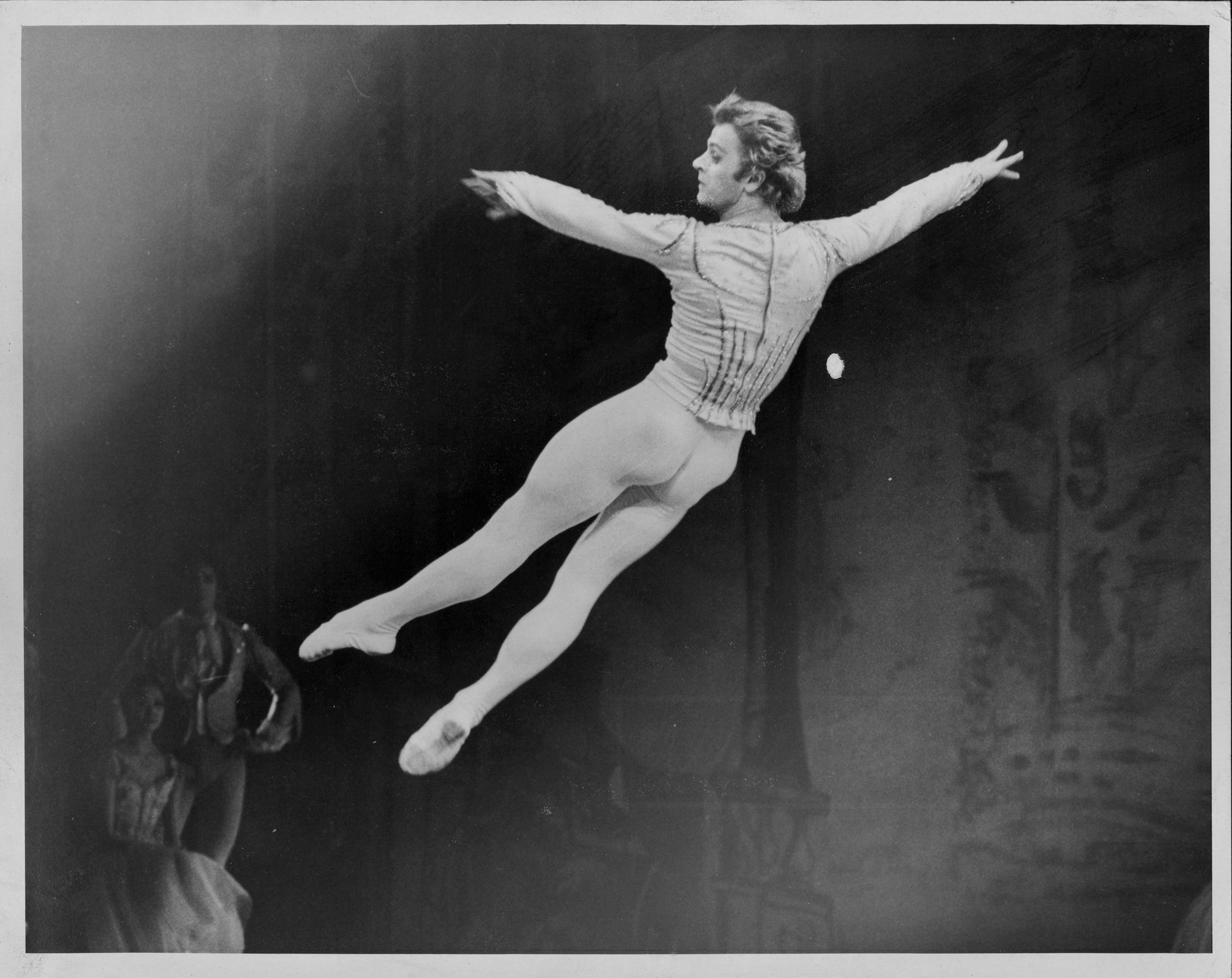 Mikhail Baryshnikov in the air during the premier of the Nutcracker at New York City's Metropolitan Opera House, May 1977