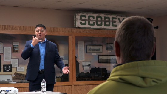 Frederick Lee presents a suicide prevention program called QPR (Question, Persuade, Refer) in Scobey, Montana. Organizations offering youth suicide intervention and prevention initiatives are struggling to sustain the same level of services during the pandemic. (Sara Reardon)