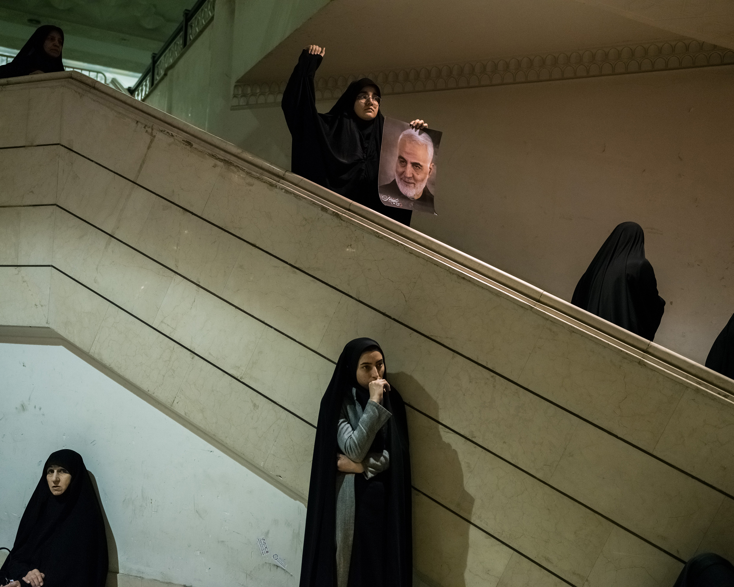 Iranian women at a mosque in Tehran, on Jan. 5, 2020, mourn Qasem Soleimani's death.