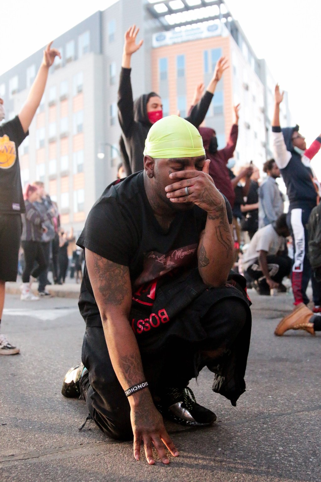 A protester has an emotional moment in Minneapolis on May 29, four days after George Floyd was killed.