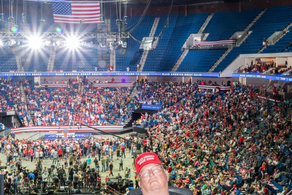 Rally attendees wait for President Trump to arrive at the BOK Center in Tulsa, Okla., on June 20. It was Trump's first campaign rally in months since the COVID-19 pandemic began in the U.S.
