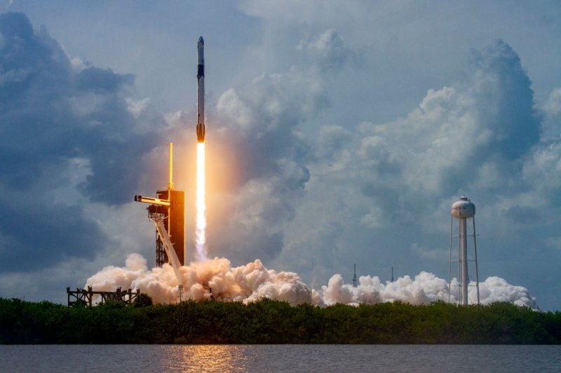 The historic May 30, 2020, launch of the manned SpaceX Crew Dragon spacecraft from the Kennedy Space Center in Cape Canaveral, Florida.
