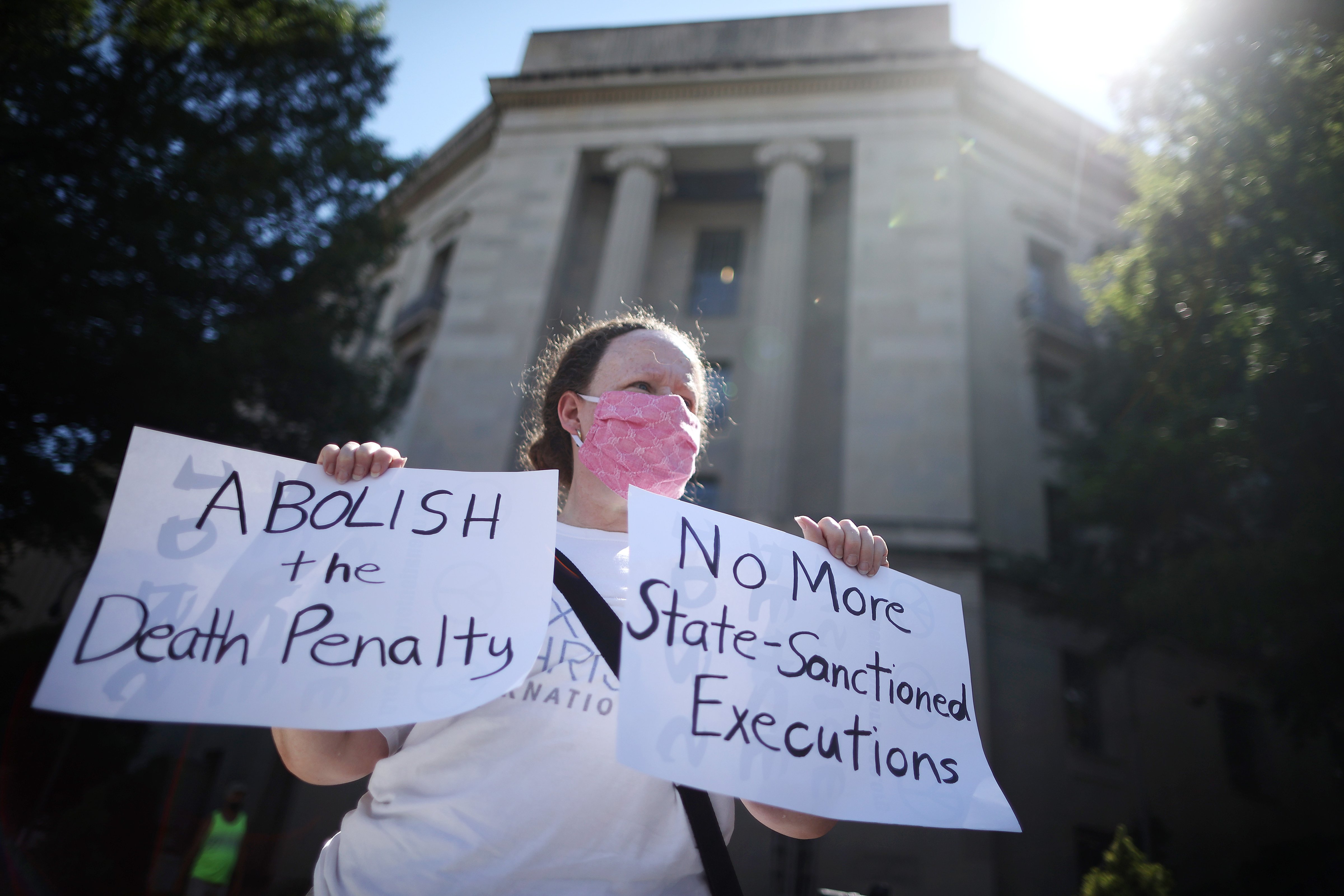 Anti-death penalty activist Judy Coode demonstrates in front of the U.S. Justice Department on July 13, 2020 in Washington, D.C. (Chip Somodevilla—Getty Images)