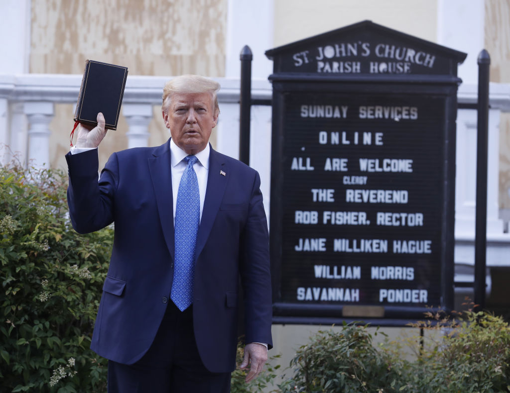U.S. President Donald Trump poses with a Bible outside St. John's Church near the White House in Washington, D.C., on June 1, 2020.