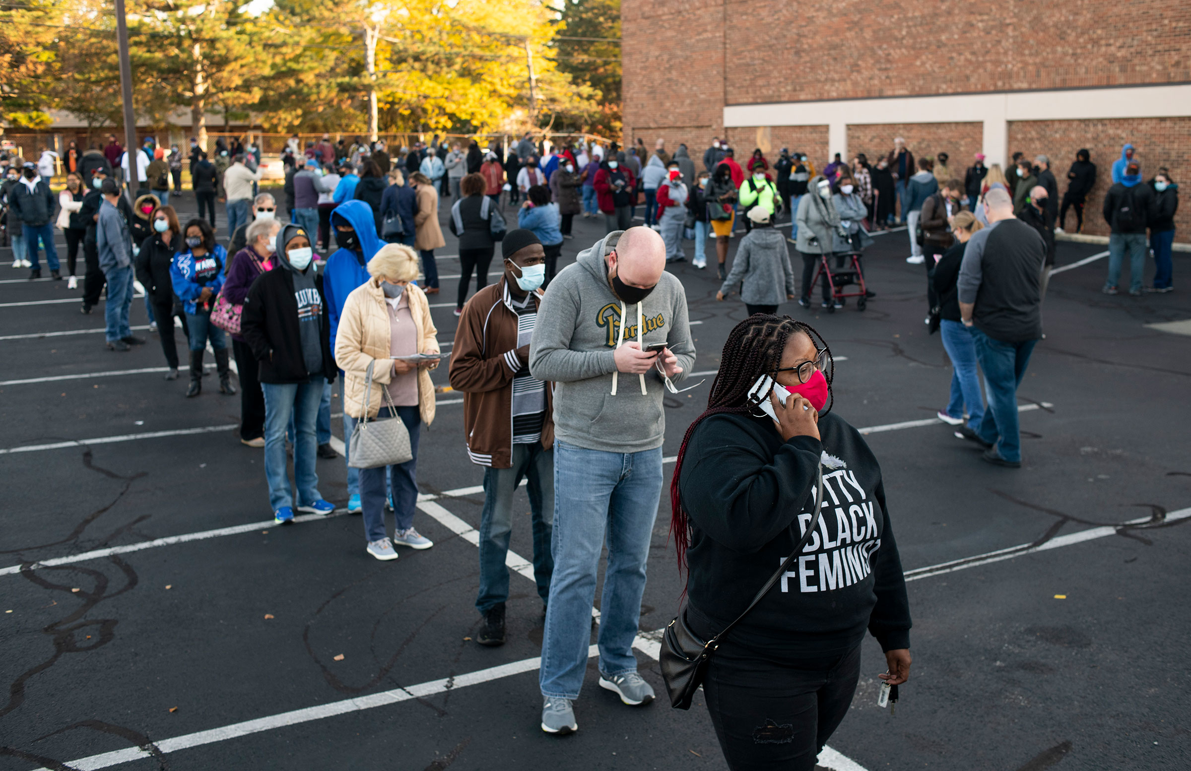 Early voters line up outside of the Franklin County Board of Elections Office on in Columbus, Ohio on Oct. 6, 2020.
