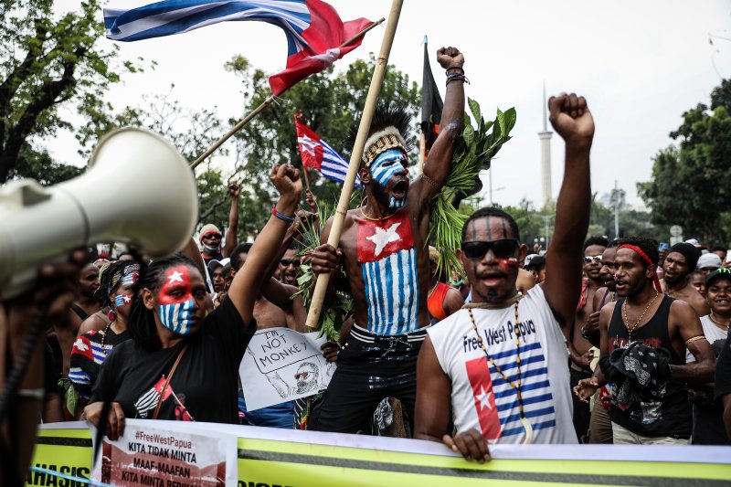 Papuan students shout slogans during a rally in Jakarta on Aug. 28, 2019 supporting West Papua's call for independence from Indonesia