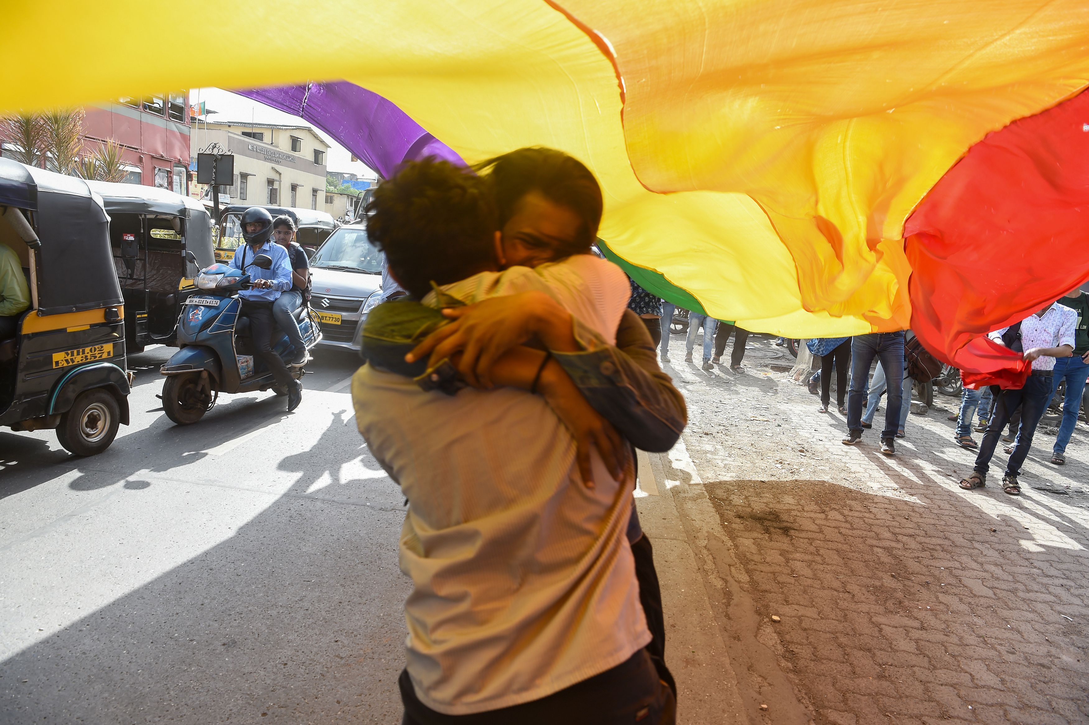 Members and supporters of the LGBTQ community in Mumbai celebrate the Indian supreme court decision to strike down a colonial-era ban on same-sex relations on Sep. 6, 2018. (Indranil Mukherjee/ AFP via Getty Images)