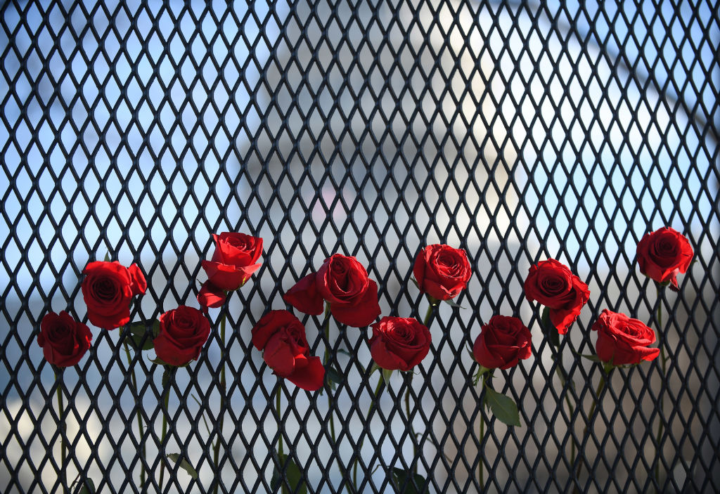 Roses are left at the fence which now surrounds the US Capitol building three days after it was stormed, invaded and vandalized by Trump rioters in Washington, D.C., January 9, 2021. (Astrid Riecken for the Washington Post via Getty Images)