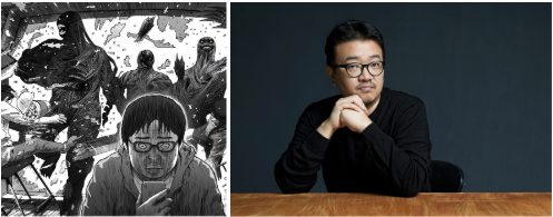 Image from the webtoon Hell (left), Director Yeon Sang-Ho (right) (Courtesy of Netflix)