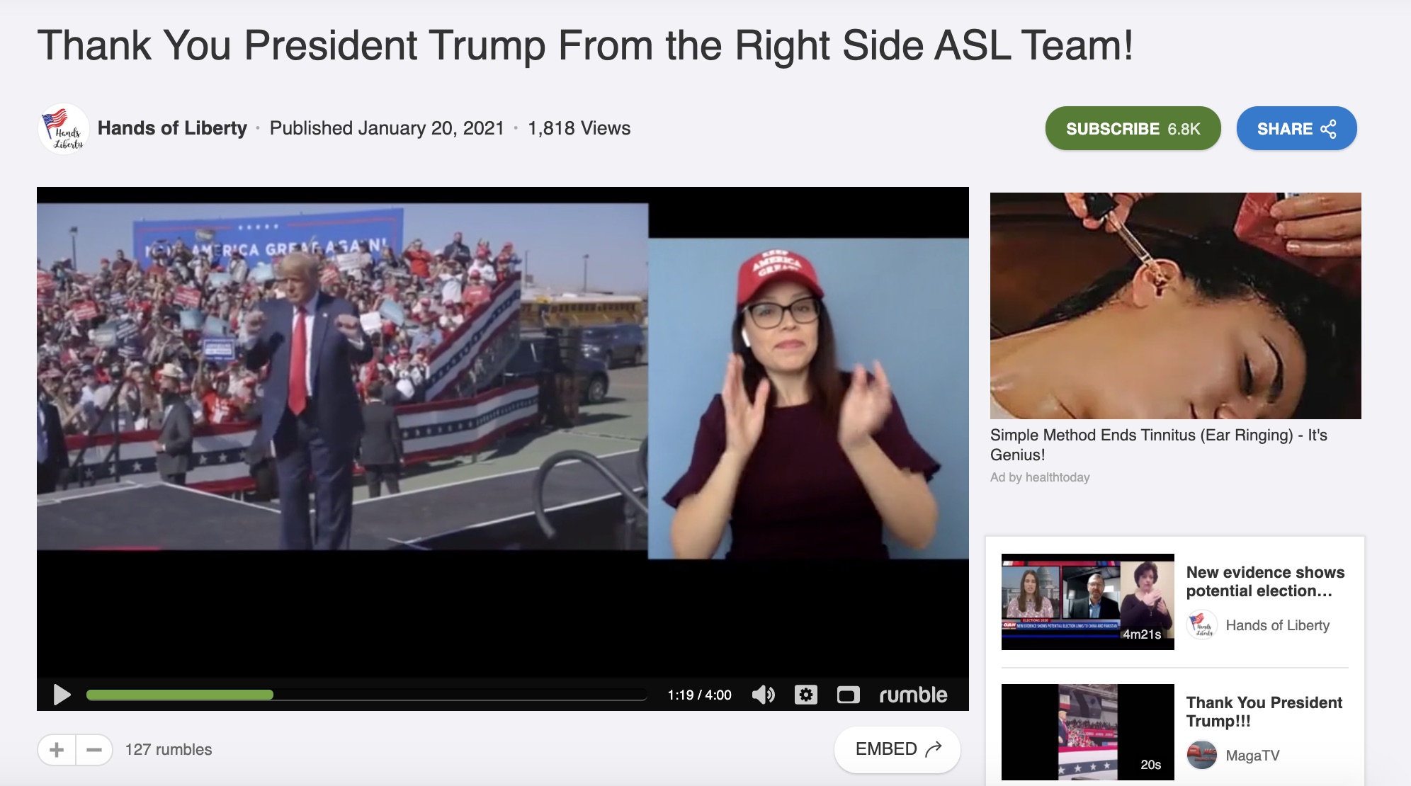 Heather Mewshaw, an American Sign Language interpreter, in a pro-Trump video from Hands of Liberty, a conservative interpreter group.