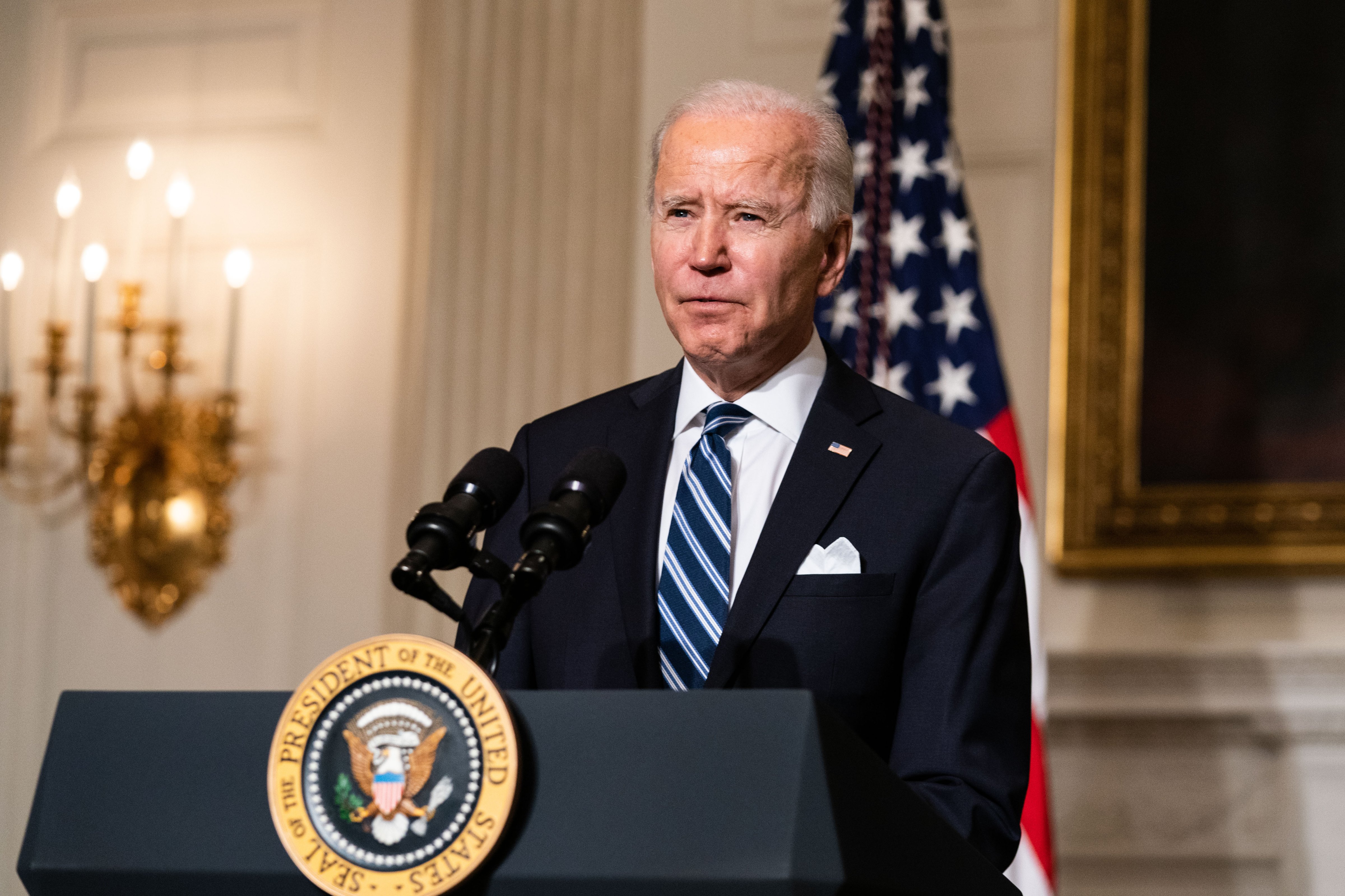 President Joe Biden speaks in the State Dining Room of the White House in Washington, D.C., on Jan. 27. (Anna Moneymaker/—New York Times/Bloomberg/Getty Images)