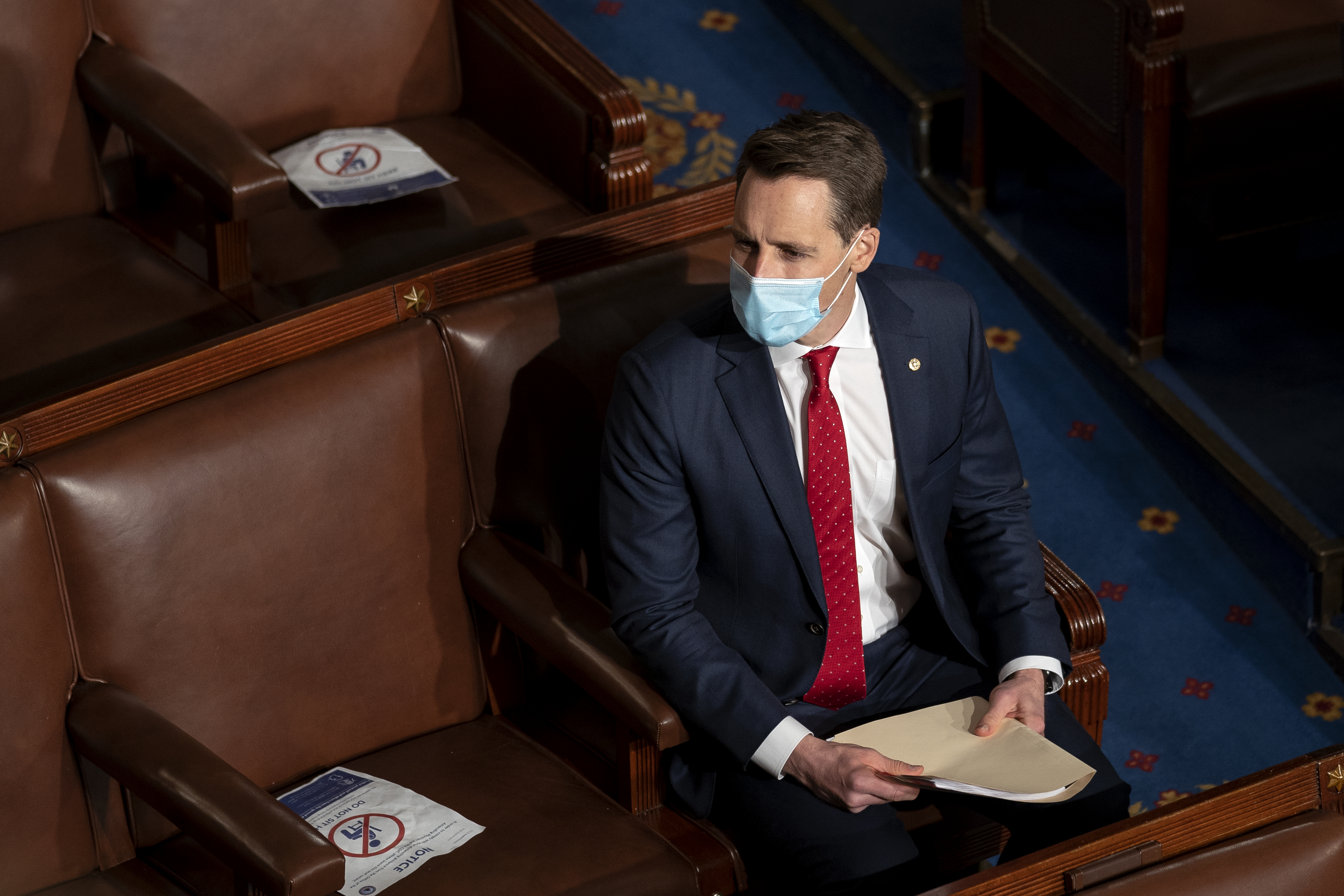 Missouri Sen. Josh Hawley at a joint session of Congress to count the Electoral College votes of the 2020 presidential election in the House Chamber in Washington, on Jan. 6, 2021. (Stefani Reynolds—Bloomberg/Getty Images)