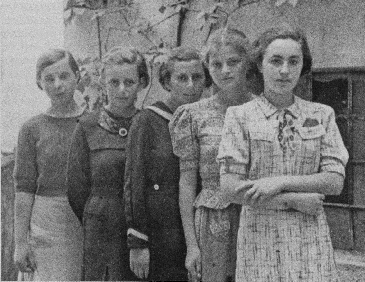 A group of teenage girls from the town of Humenné, Slovakia, c. 1936. From left to right: an unidentified girl, Anna Herskovicova, another unidentified girl, Lea Friedman and Debora Gross (sister of Adela Gross). Adela Gross and Lea Friedman were two of the 999 unmarried Jewish women and girls on the first official transport of Jews to Auschwitz. (Friedman family photos, courtesy of Edith Grosman)