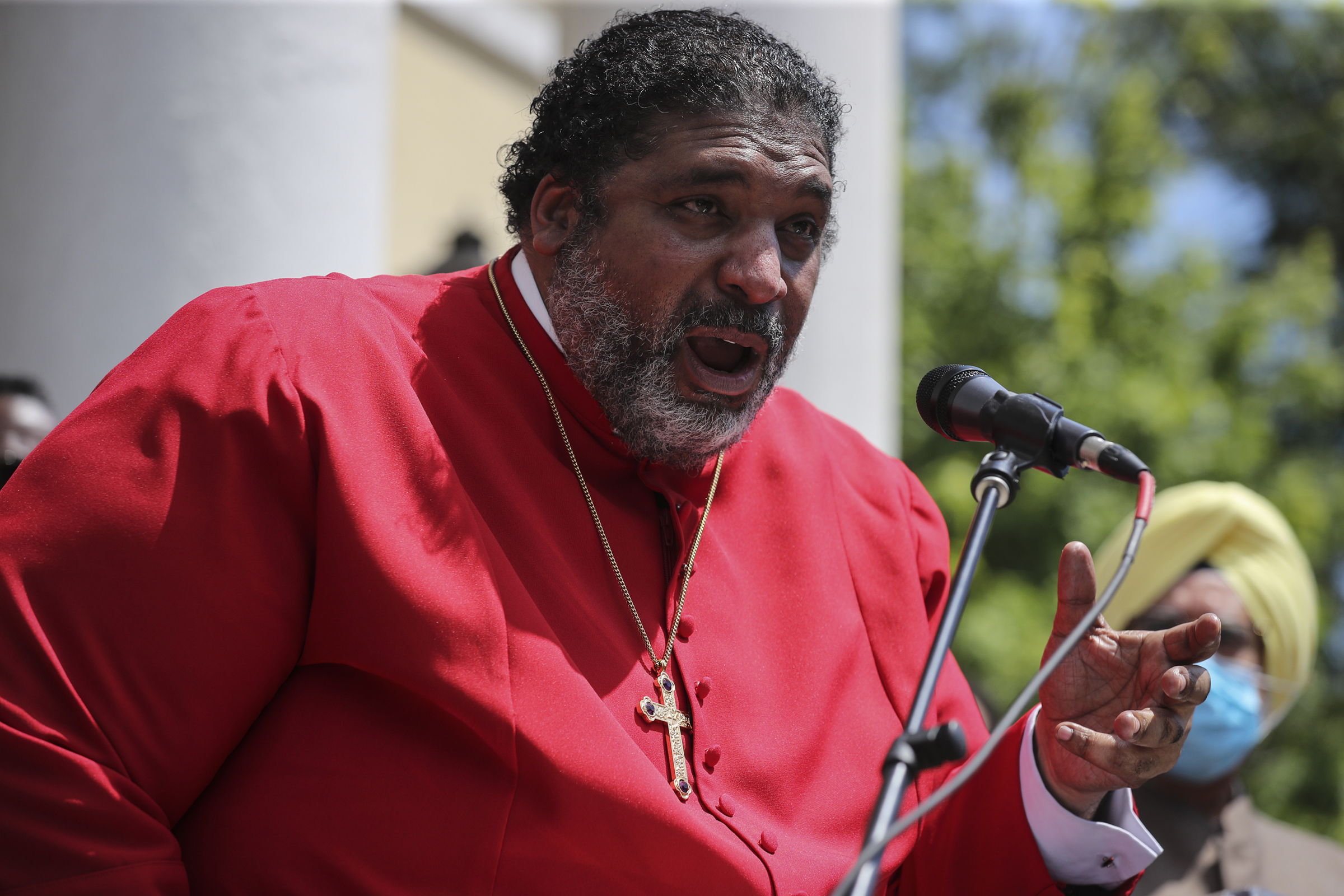Rev. Dr. William J. Barber II alongside with faith leaders, speaks outside of the St. John's Episcopal Church Lafayette Square in Washington, D.C. on June 14, 2020. (Oliver Contreras—The Washington Post/Getty Images)