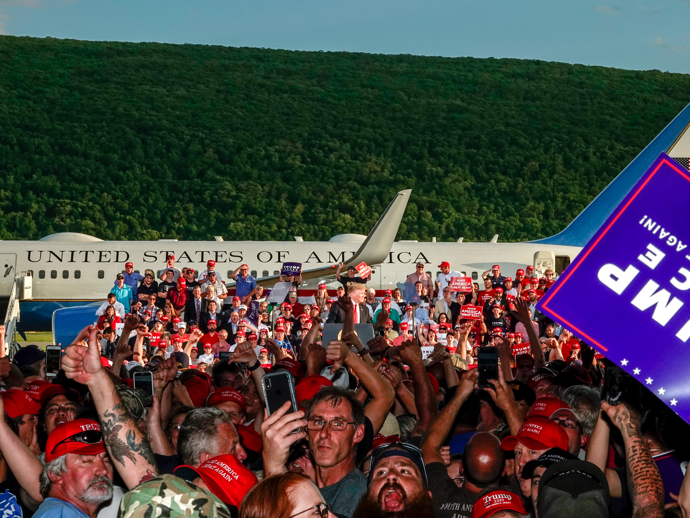 <strong>Montoursville, Pa., May 20, 2019.</strong> President Trump complains about at the media during a campaign rally, causing the crowd to jeer at the press. (Peter van Agtmael—Magnum Photos for TIME)