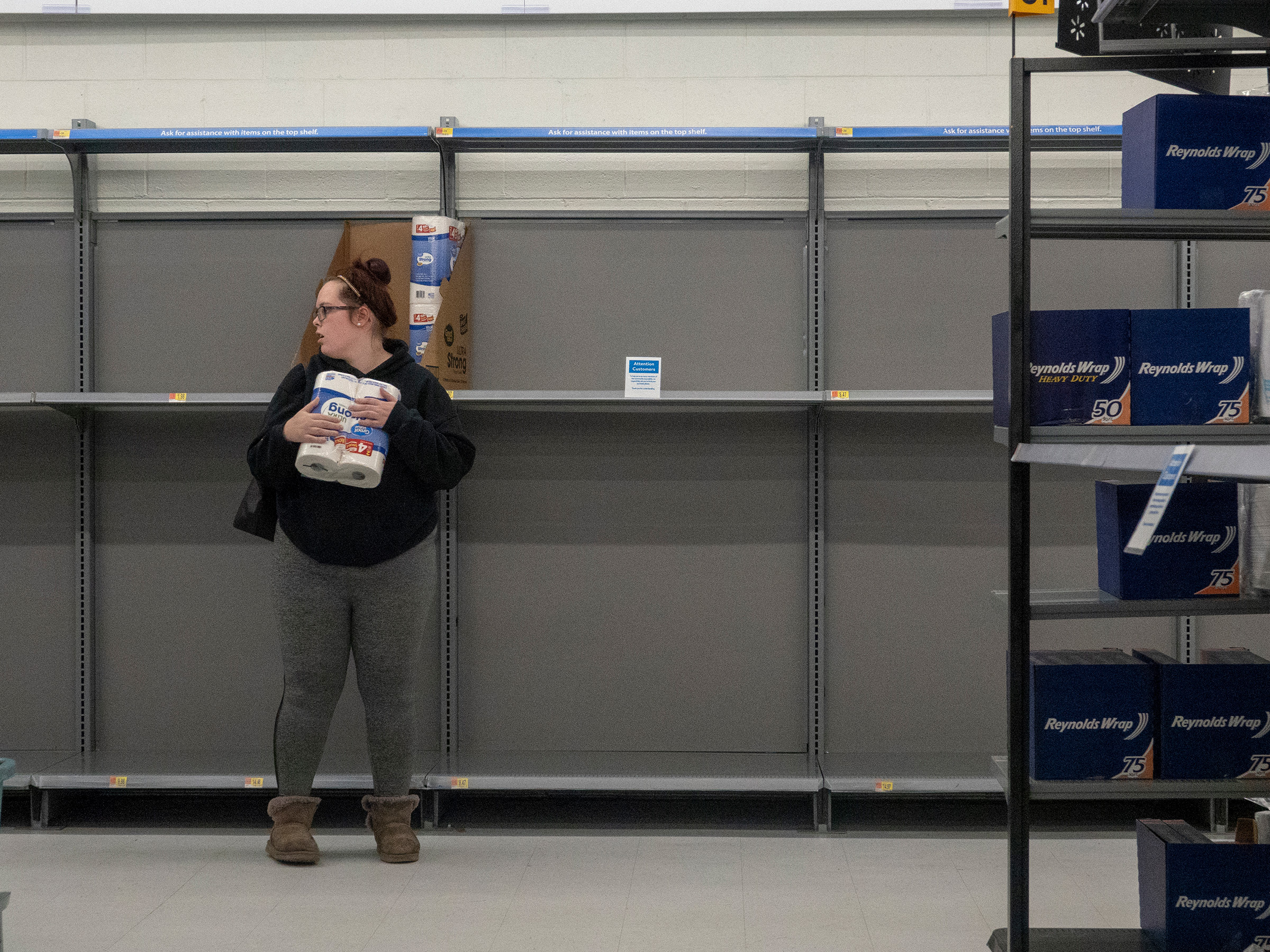 <strong>Easton, Md., March 28, 2020.</strong> A nearly empty toilet paper and paper towel aisle during the coronavirus lockdown. (Peter van Agtmael—Magnum Photos for TIME)