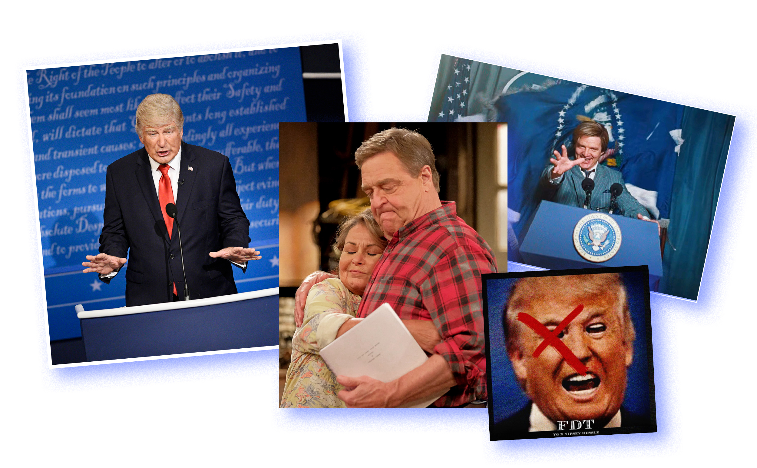 Alec Baldwin on 'Saturday Night Live'; Roseanne Barr and John Goodman on 'Roseanne'; Pedro Pascal in 'Wonder Woman 1984'; artwork for the song 'FDT' by YG and Nipsey Hussle (NBC/Getty images; Adam Rose—ABC/Kobal/Shutterstock; Warner Bros.;Everett Collection)