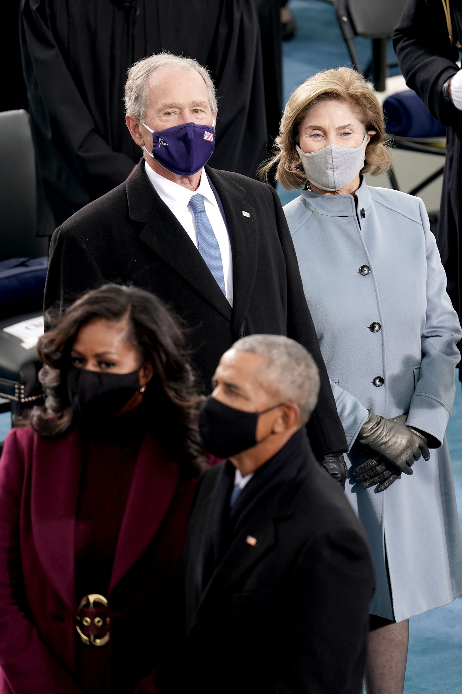 Former President George W. Bush, Laura Bush, former President Barack Obama and Michelle Obama are seen prior to the 59th Presidential Inauguration. (Shutterstock)