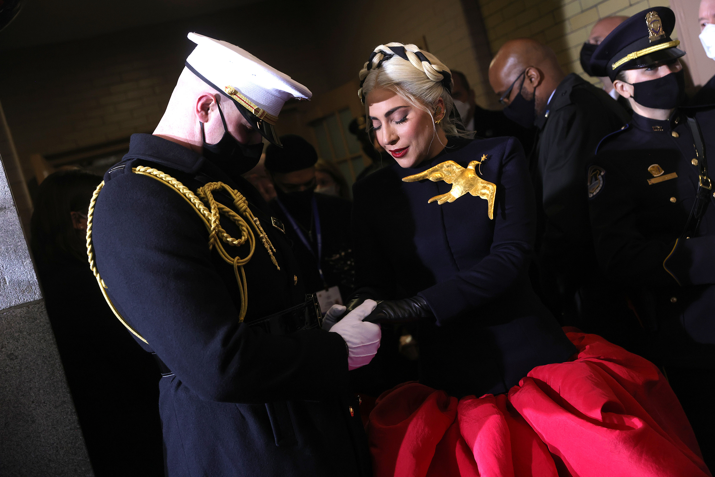 Lady Gaga arrives to sing the National Anthem at the inauguration. (Win McNamee—Getty Images/Shutterstock)