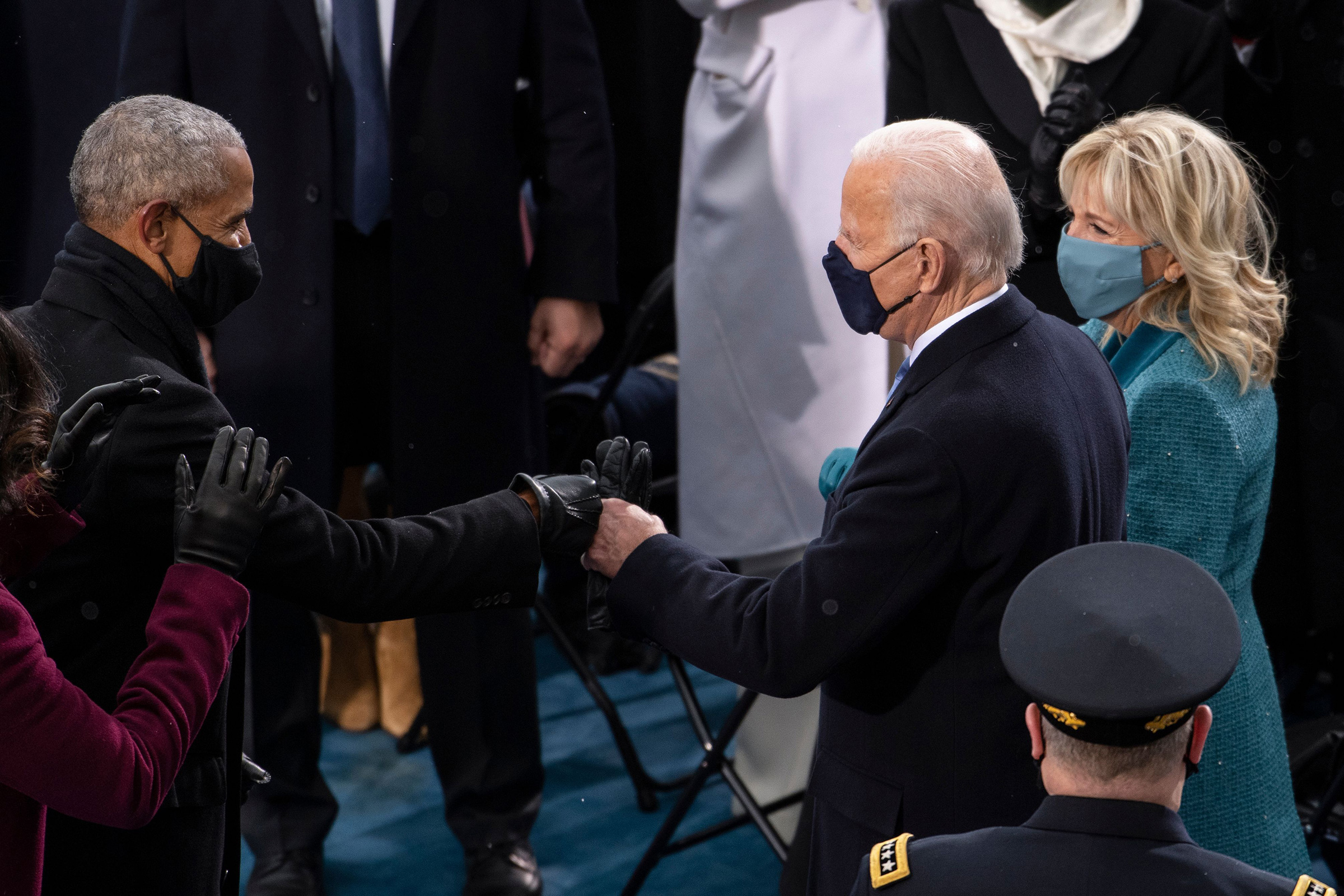 President-elect Joe Biden greets President Barack Obama as he arrives to the West Front of the Capitol.