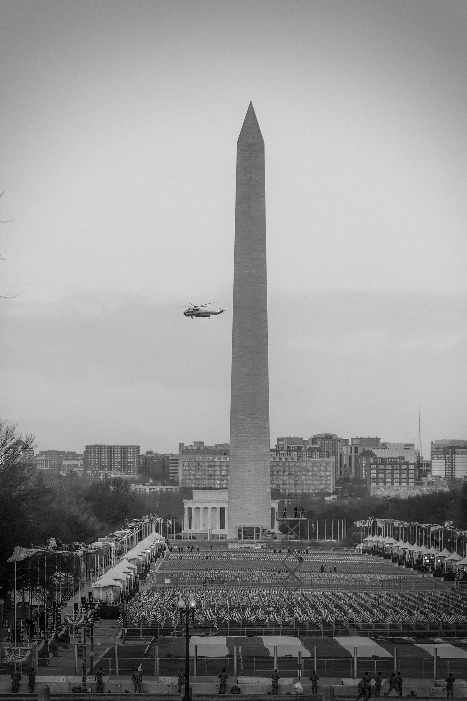 Marine One circles the National Mall carrying Donald Trump as he departs the White House ahead of the inauguration.