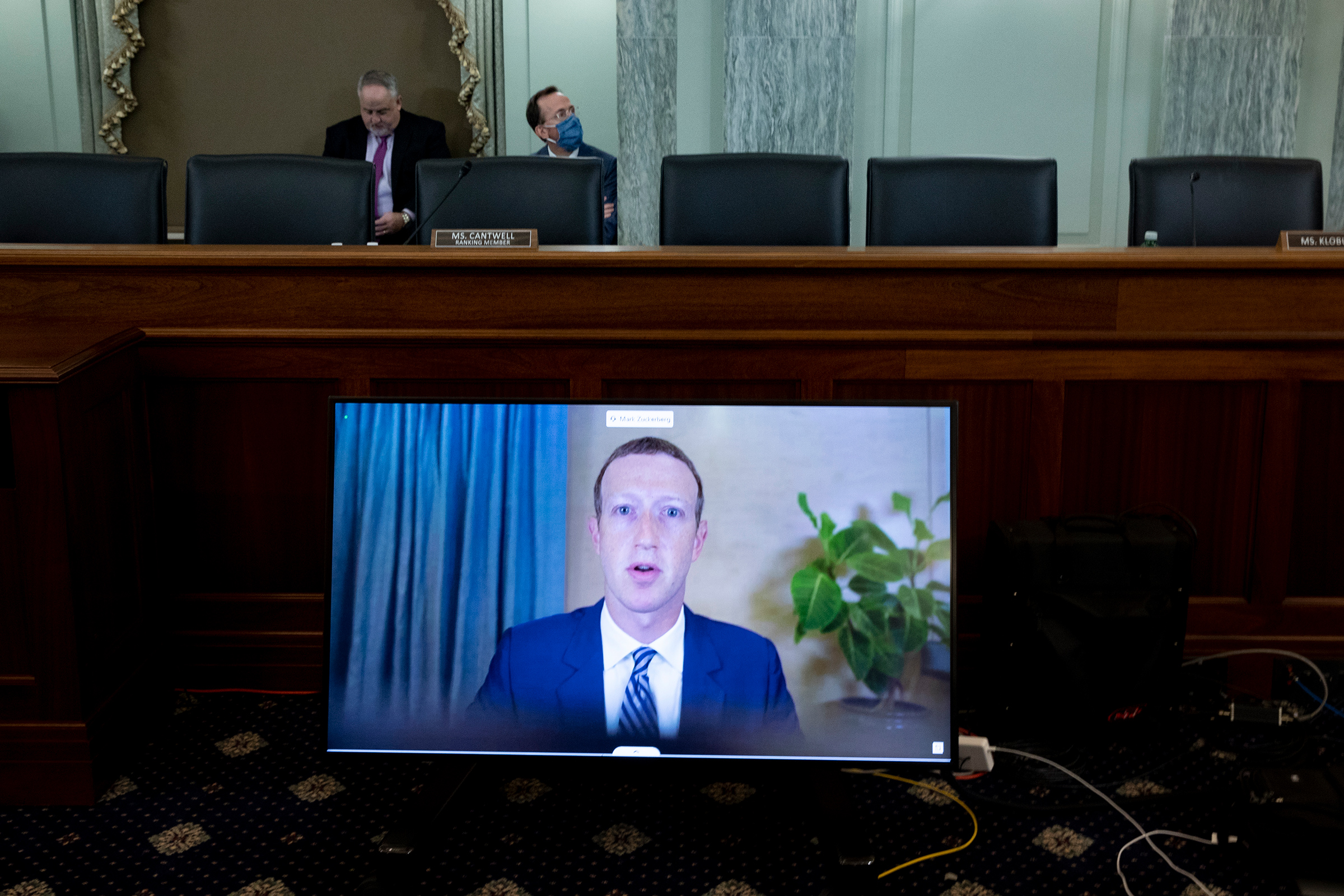 Mark Zuckerberg, founder and CEO of Facebook, testifying remotely during a Senate hearing on Section 230, on Oct. 28