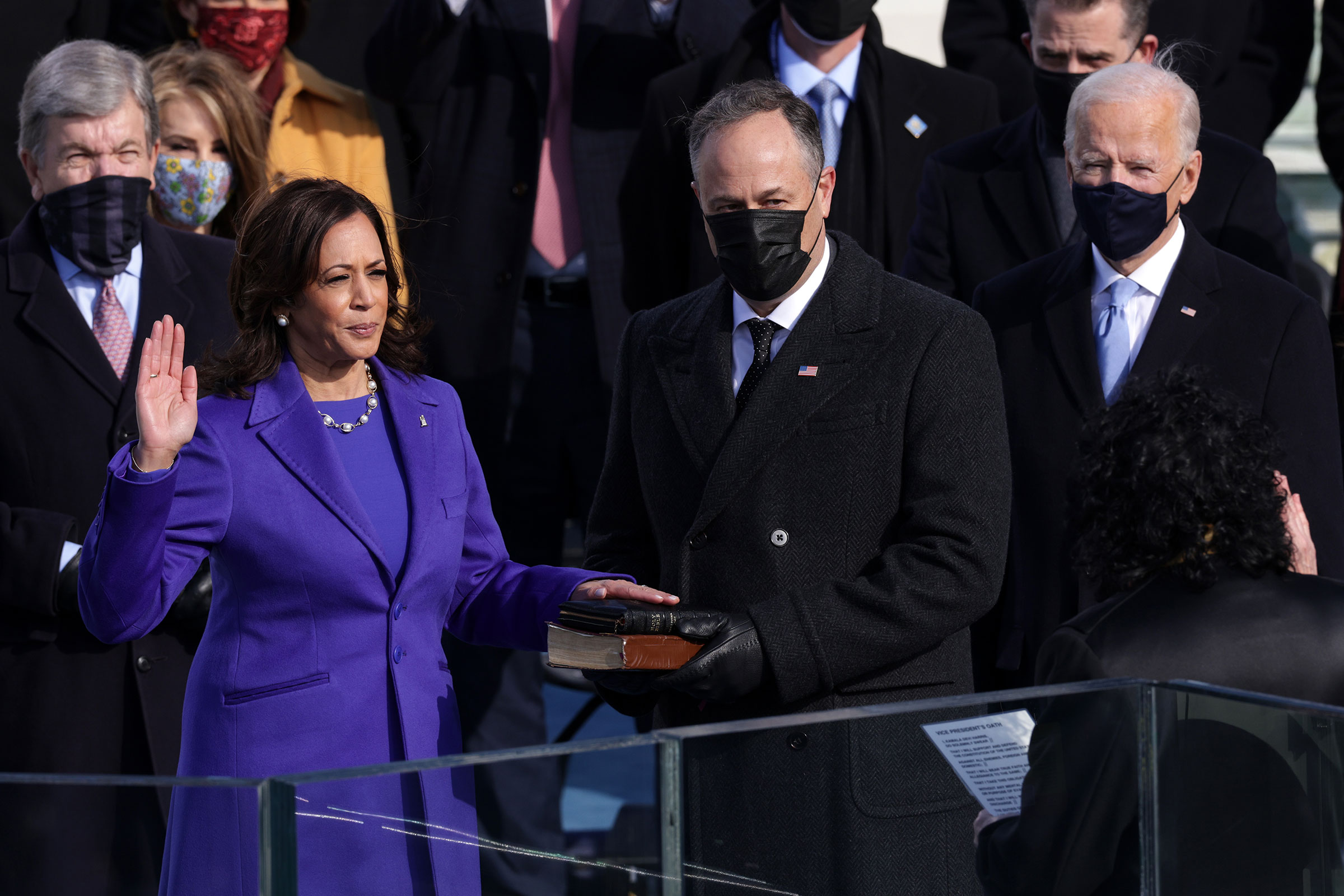 Kamala Harris is sworn in as Vice President of the United States as her husband Doug Emhoff looks on, in Washington on Jan. 20, 2021.