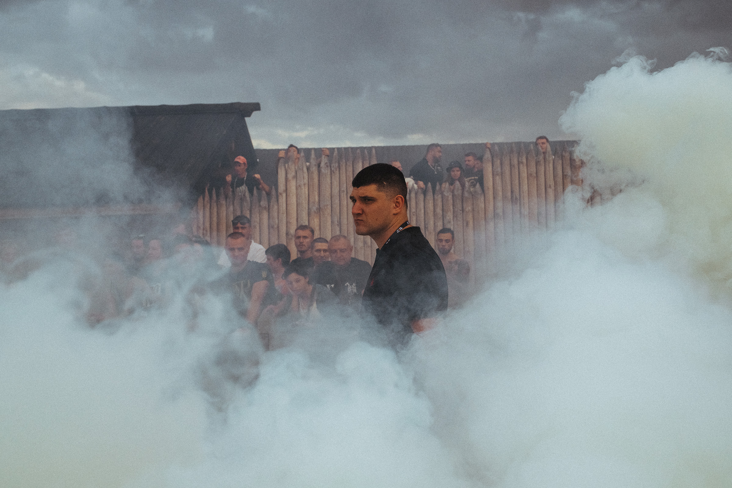 Denis Nikitin, a key figure in the Azov movement's outreach to right-wing extremists in the U.S. and Western Europe, at the Young Flame festival outside Kyiv, a major recruitment event he organized in August 2019.