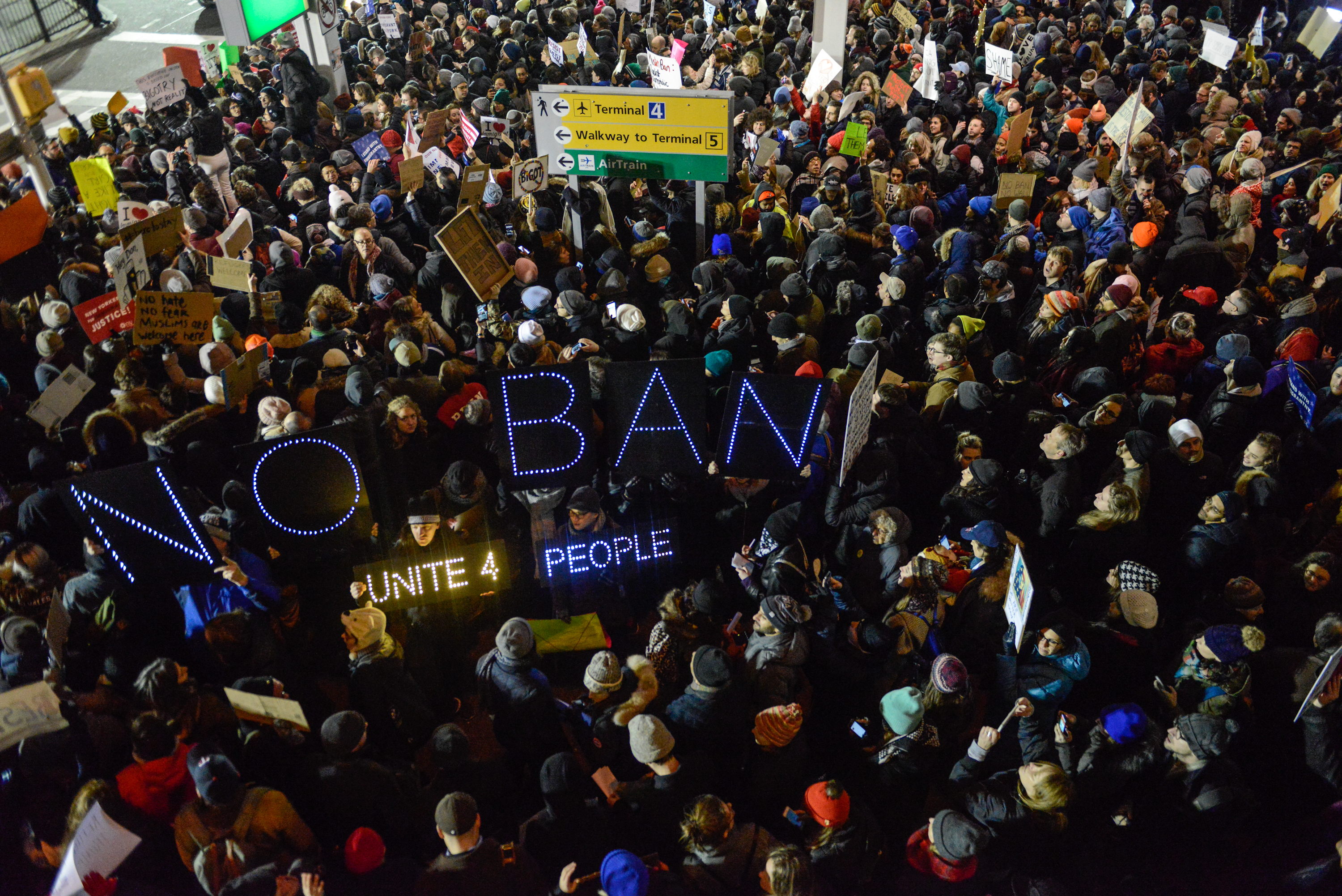 Protestors rally during a demonstration against the so-called "Muslim" ban at John F. Kennedy International Airport on Jan. 28, 2017 in New York City. (Stephanie Keith—Getty Images)