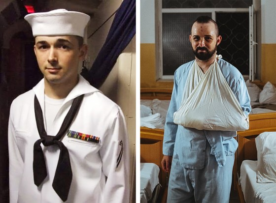 Left: Shawn Fuller aboard the U.S.S. Russell in the Persian Gulf circa 2010; Right: Fuller in 2019 at a Ukraine military hospital after a drunkenÂ fight.