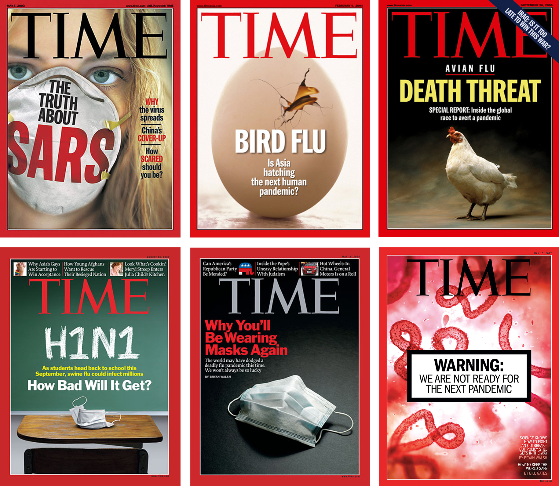 TIME covers from 2003, 2004, 2005, 2007, 2009, and 2017, in order
