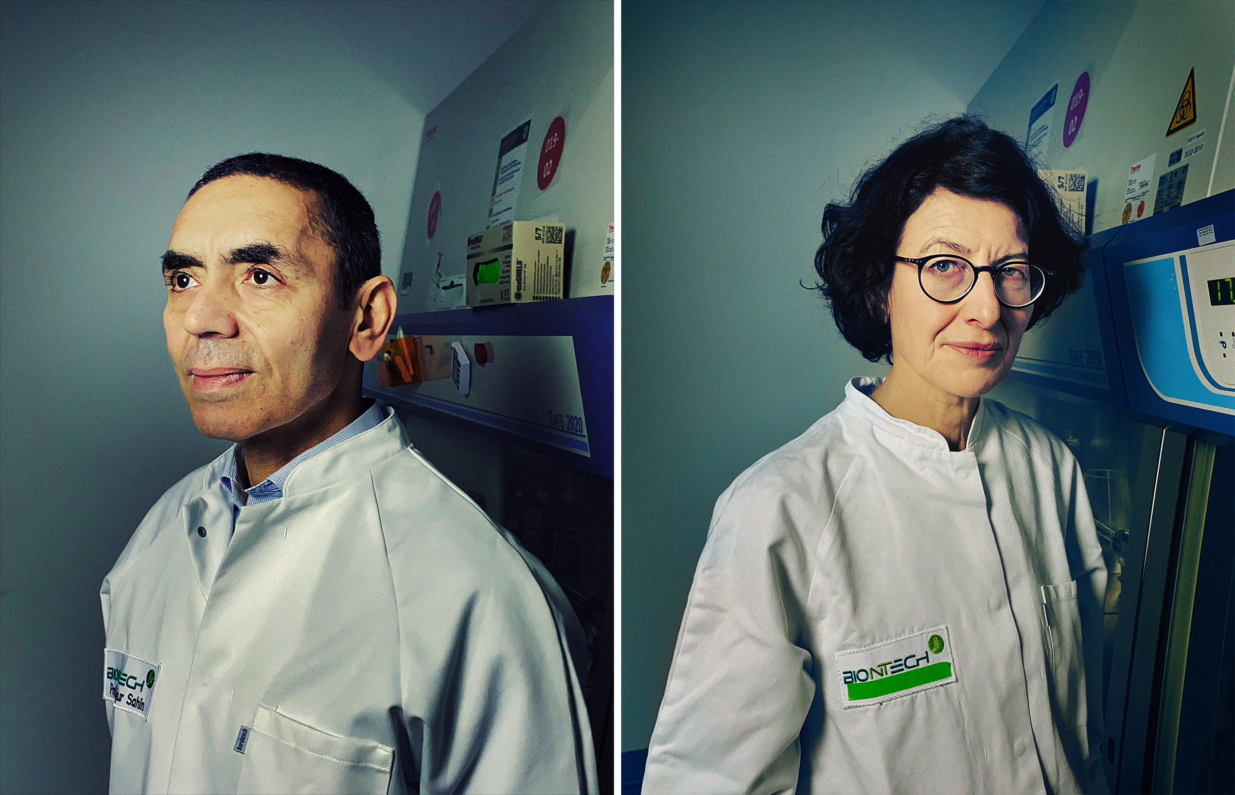 BioNTech co-founders Drs. Ugur Sahin and Ozlem Tureci in a BioNTech lab in Mainz, Germany, on Jan. 3.