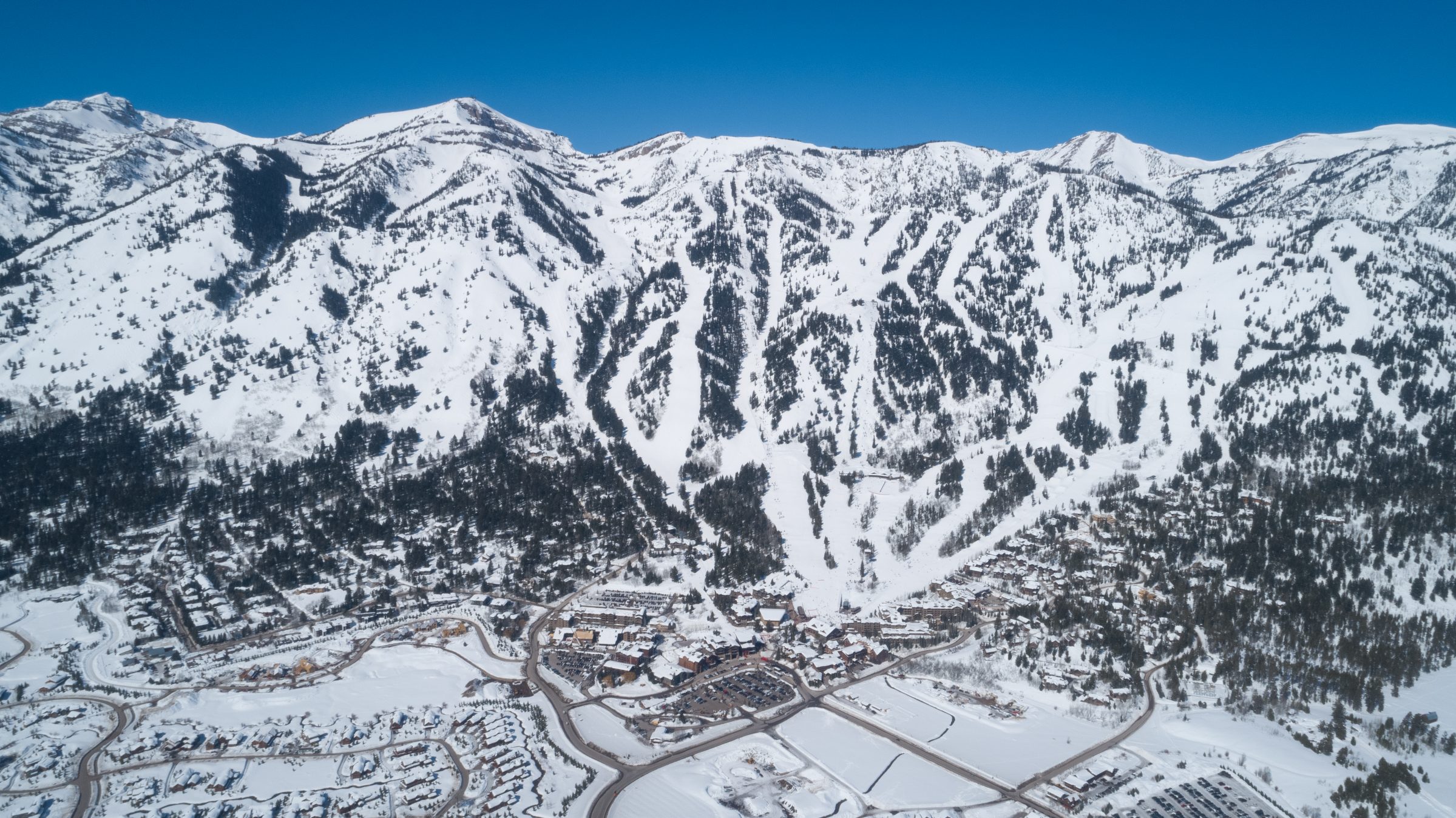 A view of the JHMR slopes and the village at the base of the mountain in Jackson, Wyoming. (Courtesy Jackson Hole Mountain Resort)