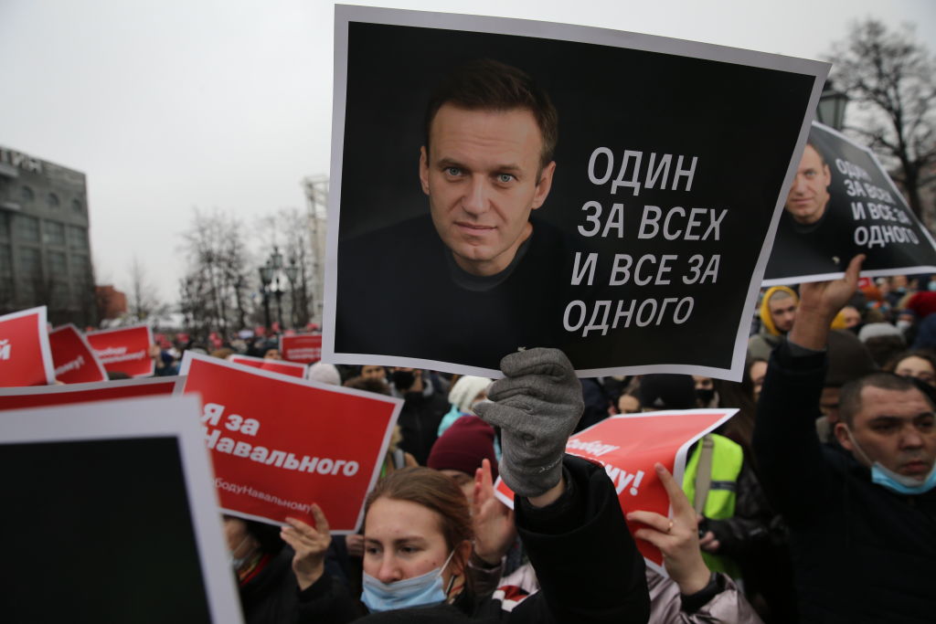 Participants of an unauthorized protest rally against of jailing of oppositon leader Alexei Navalny, on January 23, 2021 in Moscow, Russia. (Mikhail Svetlov via Getty Images)