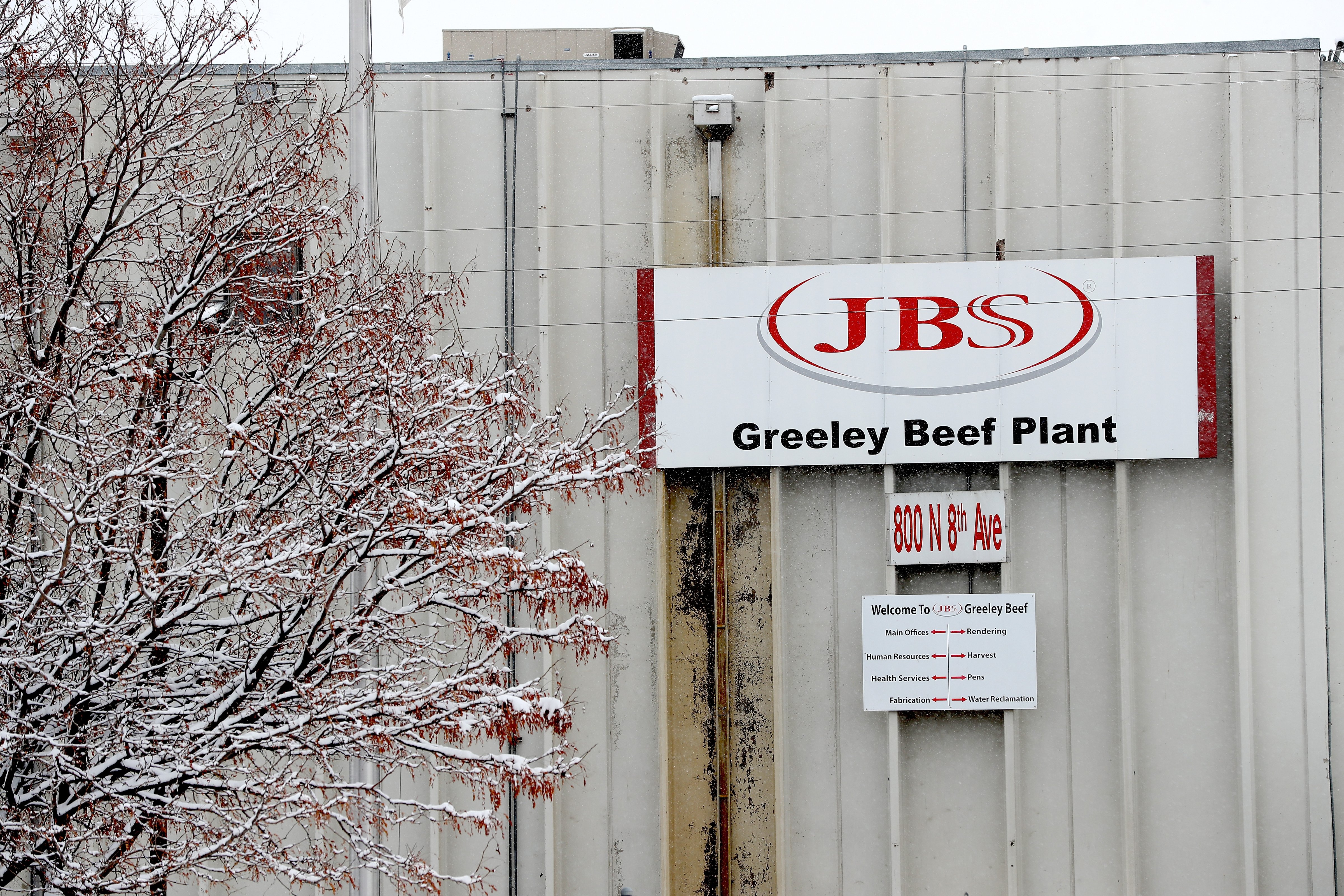The Greeley JBS meat packing plant sits idle on April 16, 2020 in Greeley, Colo. The meat packing facility temporarily closed for several days in April to test employees for the coronavirus. (Matthew Stockman—Getty Images)