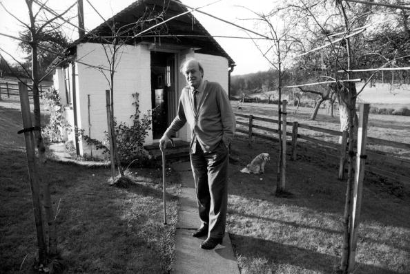 Roald Dahl holding his cane while standing outside of the shed where he wrote in Great Missenden, Buckinghamshire, England.
