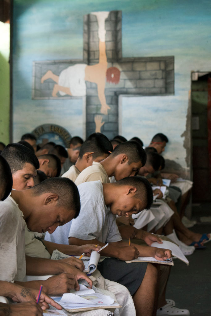 Former gang members attend a painting and drawing workshop at the prison of San Francisco Gotera, 161 km east of San Salvador, on July 16, 2018. (Oscar Rivera –AFP/Getty Images)