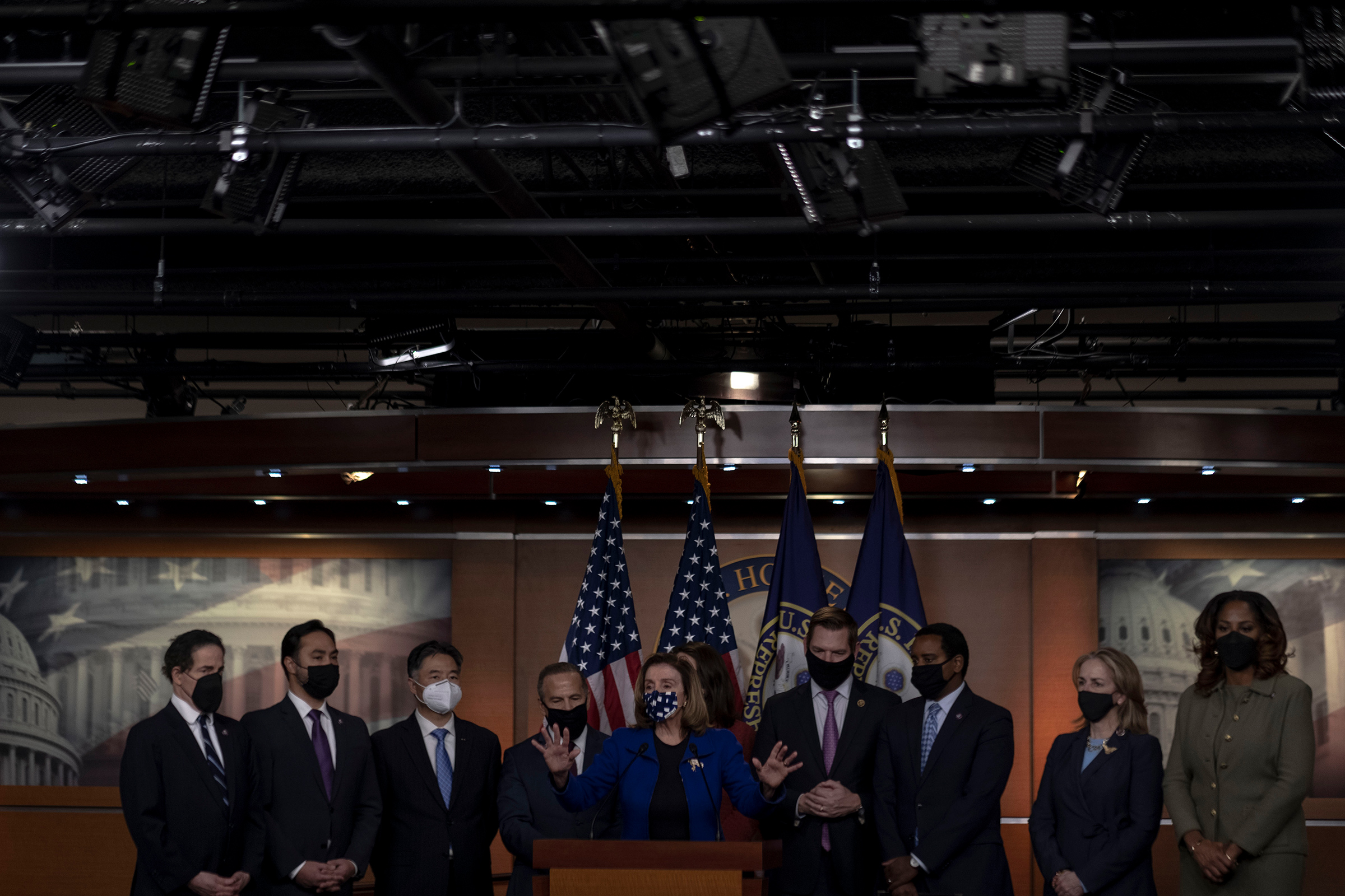 House Speaker Nancy Pelosi addresses the media after the acquittal. (Gabriella Demczuk for TIME)