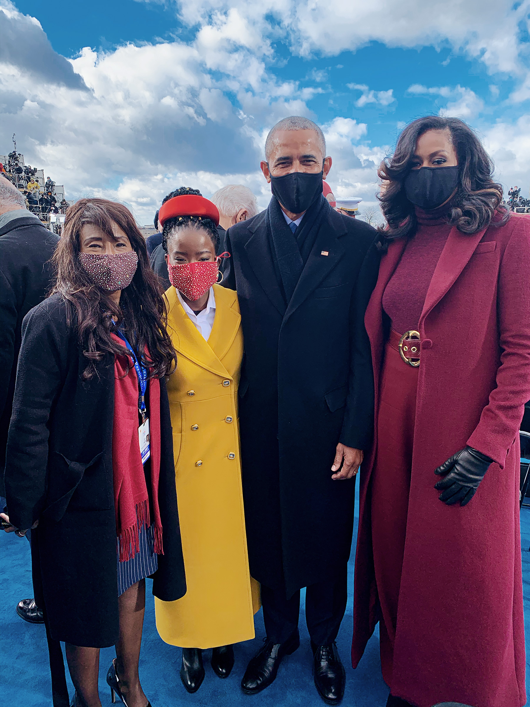 Gorman and her mother Joan Wicks with the Obamas at the Inauguration (Courtesy Amanda Gorman)