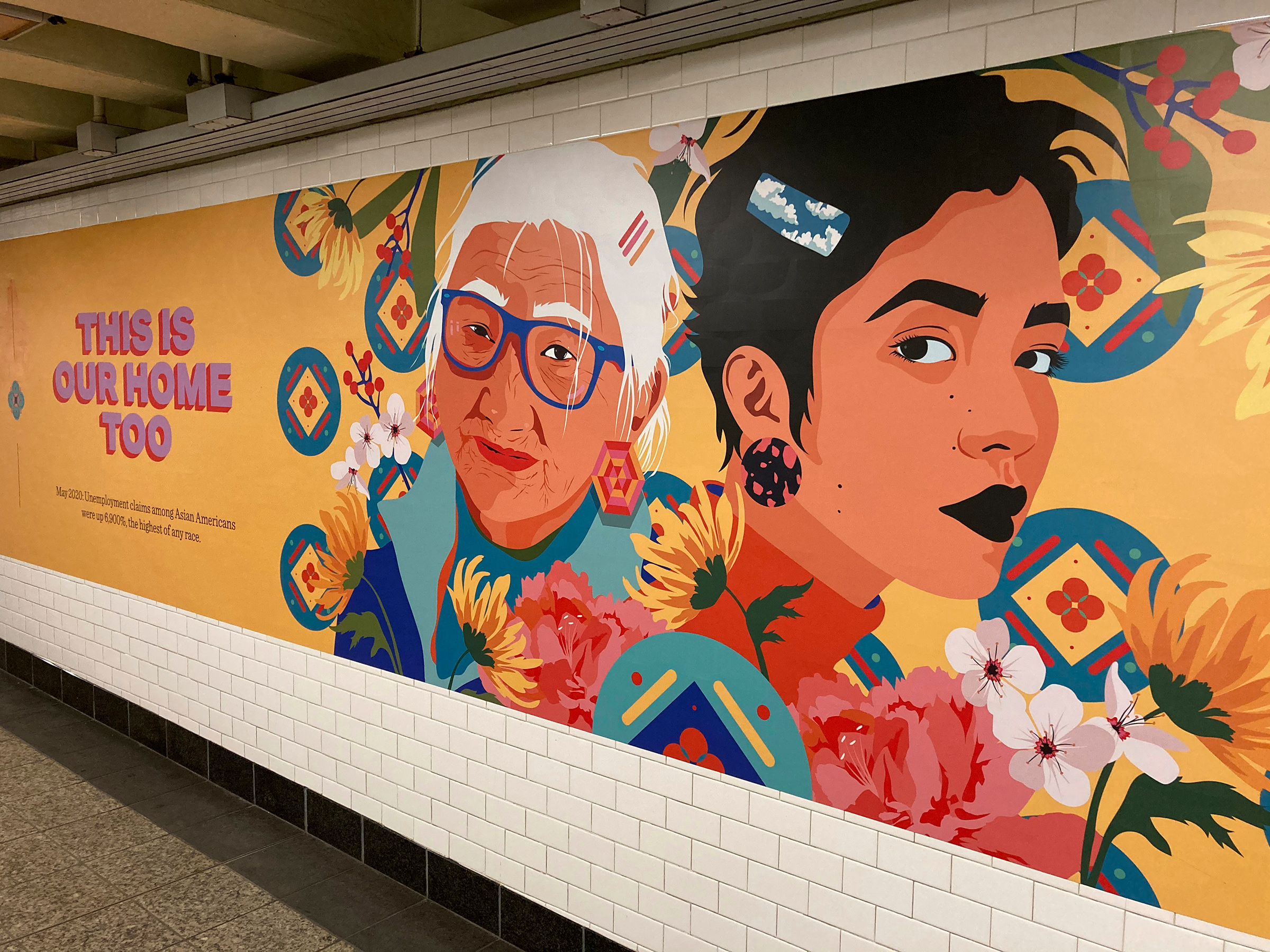 Posters against racism towards Asian Americans, by artist Amanda Phingbodhipakkiya, are seen at the subway station at Barclays Center in Brooklyn, Jan. 1 (STRF/STAR MAX/IPx)