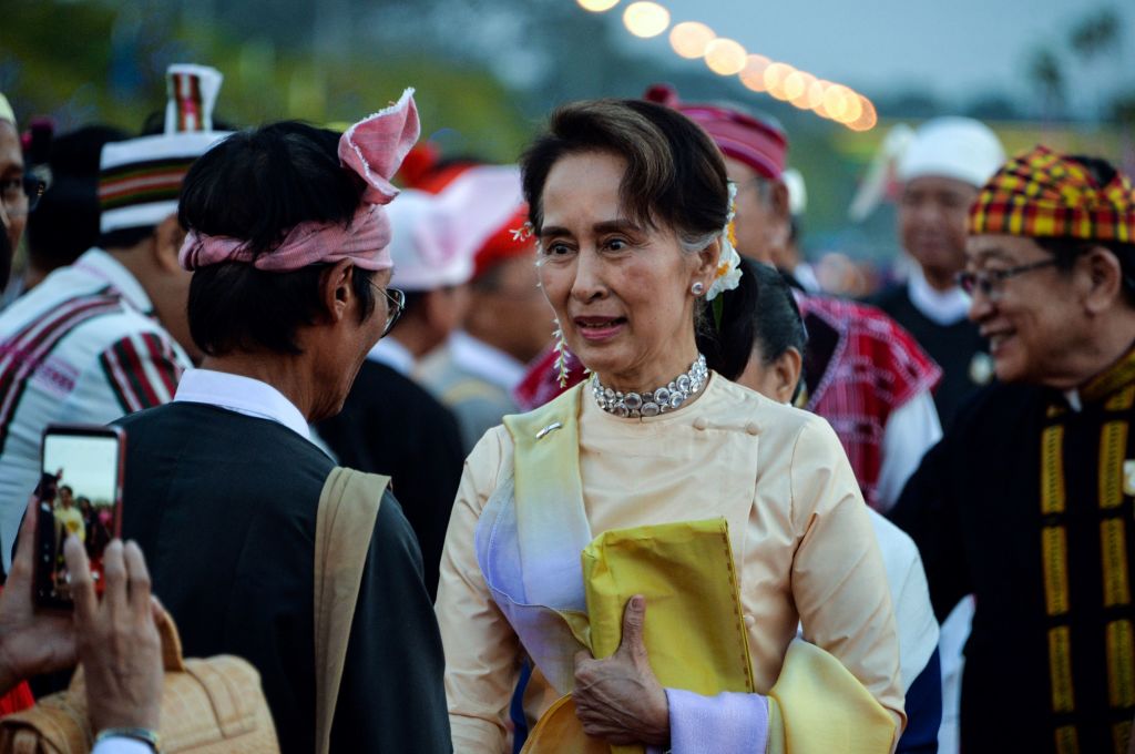 Myanmar State Counsellor Aung San Suu Kyi arrive to attend a reception to mark the 72nd anniversary of country's National Union Day in Naypyidaw on February 12, 2019. (Thet Aung–AFP/Getty Images)