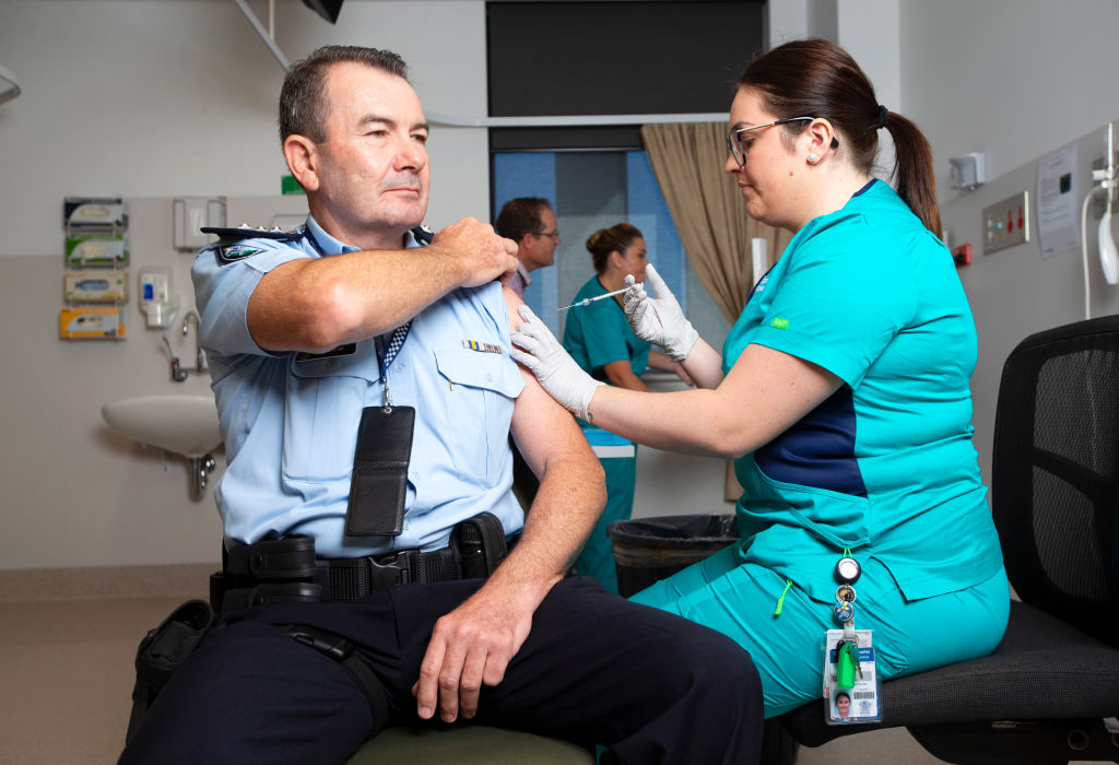 Police Inspector Owen Hortz is the first police officer to receive the COVID-19 vaccine at Gold Coast University Hospital in Southport, Australia on Feb. 22, 2021. (Nigel Hallett-Pool&mdash;Getty Images)