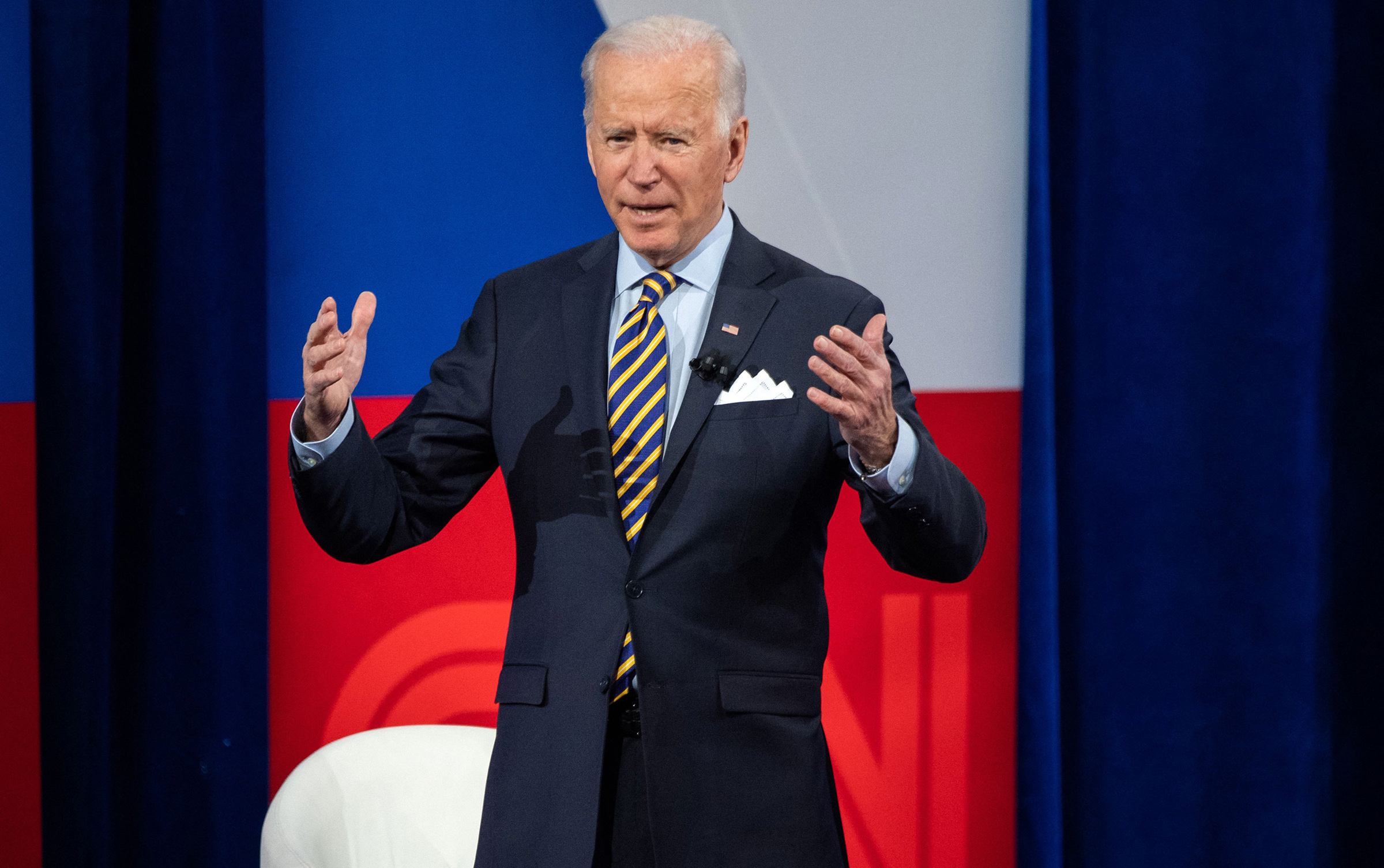President Joe Biden participates in a CNN town hall at the Pabst Theater in Milwaukee, Wis., on Feb. 16, 2021. (Saul Loeb—AFP/Getty Images)