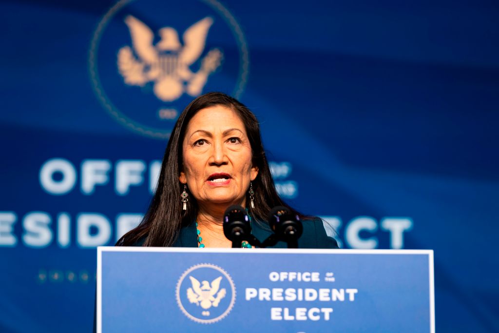 Congresswoman Deb Haaland delivers remarks after being introduced as U.S. President-elect Joe Biden's nominee to be the next U.S. Secretary of Interior at the Queen Theater on Dec. 19, 2020, in Wilmington, Delaware. (Alex Edelman/AFP—Getty Images)