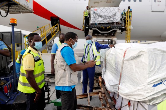 This photograph released by UNICEF Wednesday Feb. 24, 2021, shows the first shipment of COVID-19 vaccines distributed by the COVAX Facility arriving at the Kotoka International Airport in Accra, Ghana.